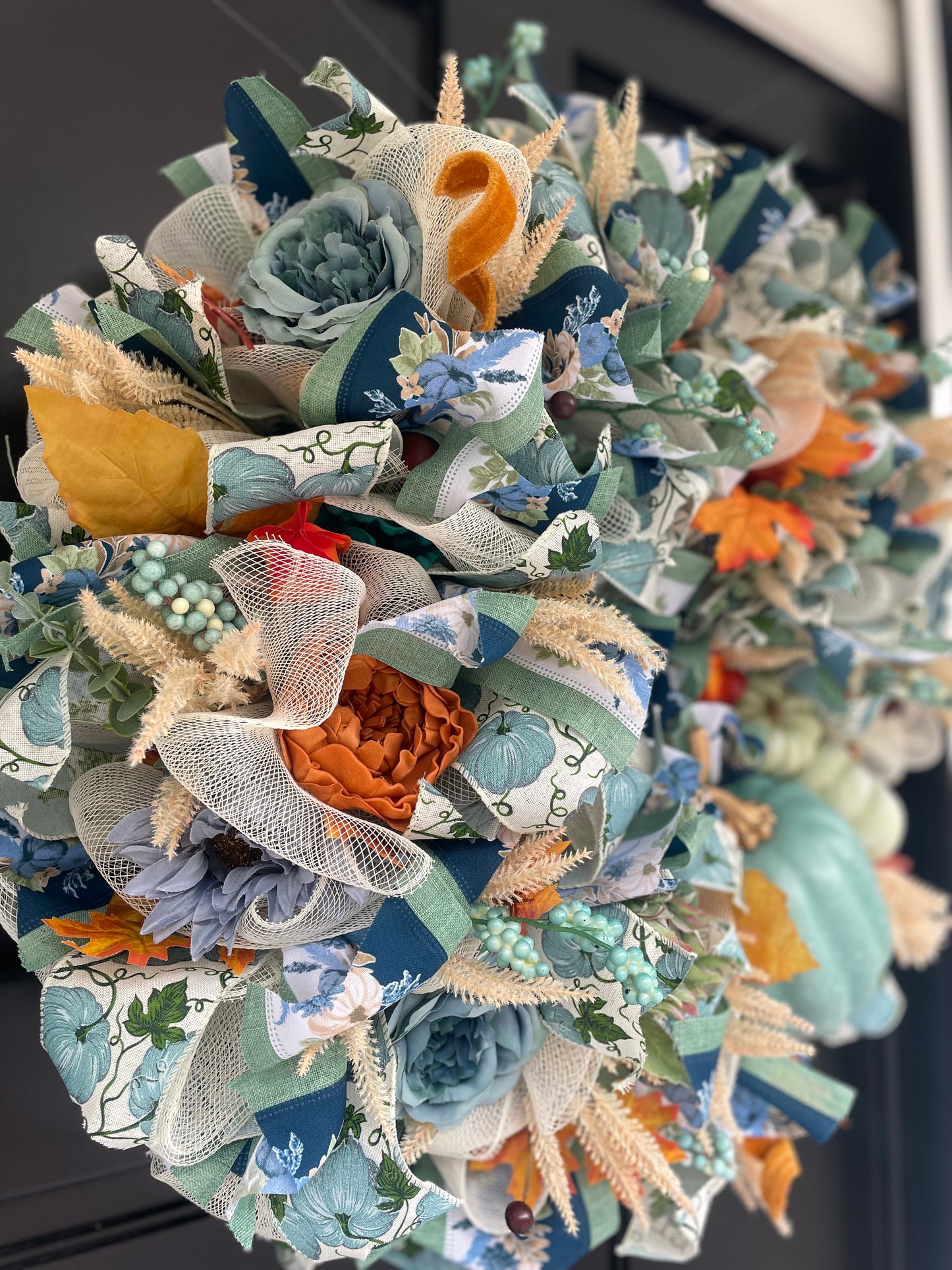 Large Sage Green Pumpkin Autumn Wreath 60cm – Blue Floral Fall Front Door Wreath with Cream Pumpkins, Berries & Harvest Foliage  And anywhere I wrote “hydrangea” in either description should simply be “flowers” or “floral details.”
