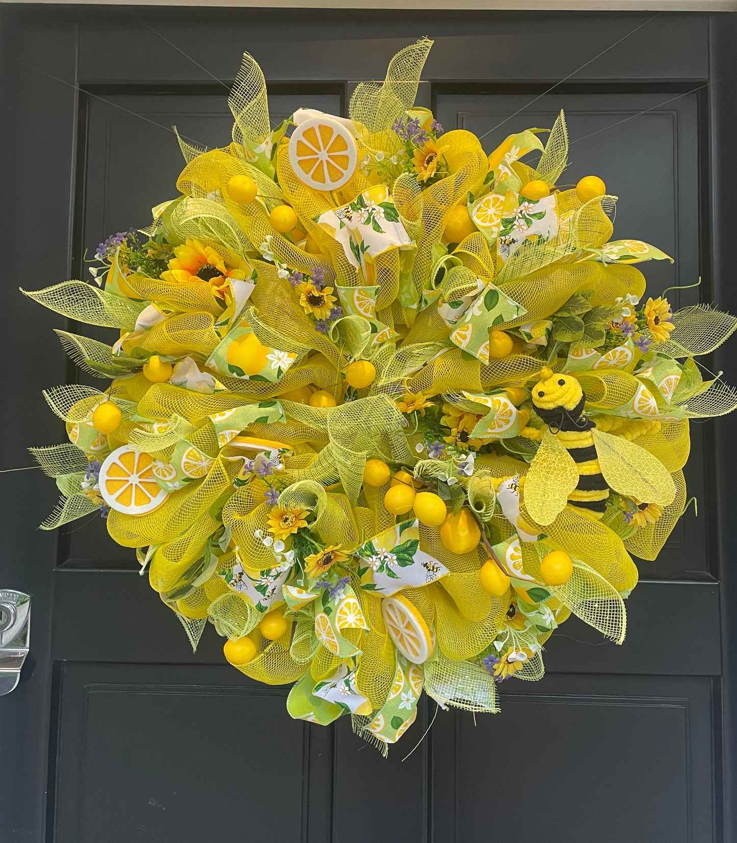 Lemon Bee Summer Wreath 60cm | Yellow Front Door Decor with Sunflowers & Citrus Bumblebee