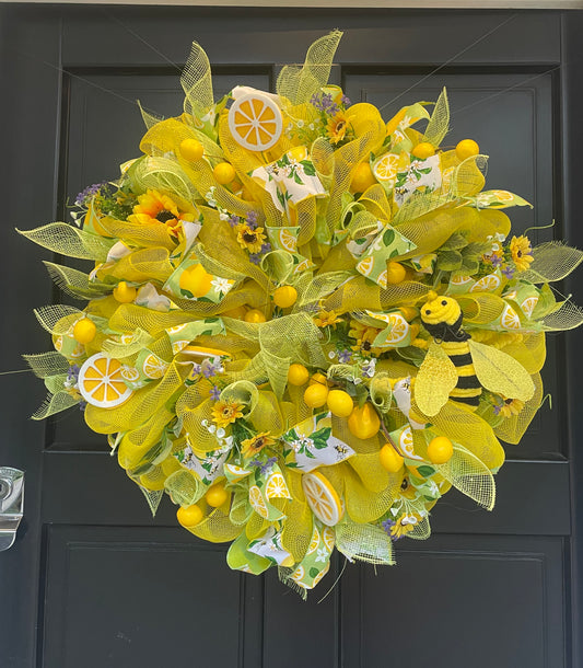 Lemon Bee Summer Wreath 60cm | Yellow Front Door Decor with Sunflowers & Citrus Bumblebee