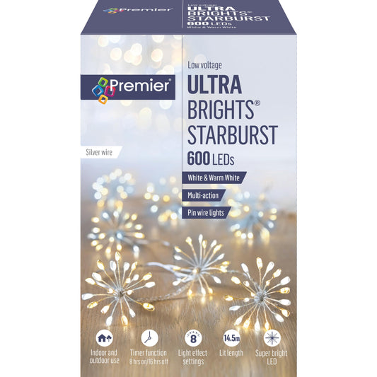 Premier 600 LEDs Multi-Action Starburst Lights with Timer, White & Warm White Mix Ultra Brights on Silver Pin Wire with 8 Effect Settings, 14.5m Lit Length - Hats By Cressida