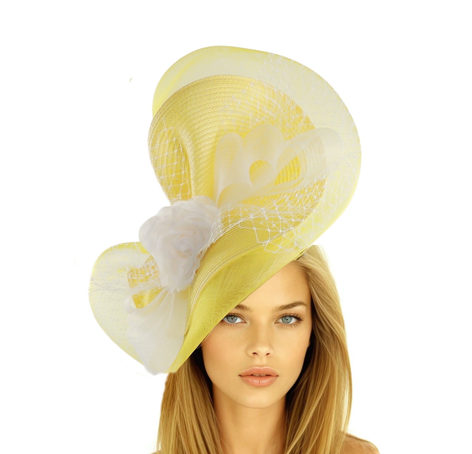 Woman wearing a yellow and white Raine Statement Ascot Saucer Fascinator with floral and net detailing