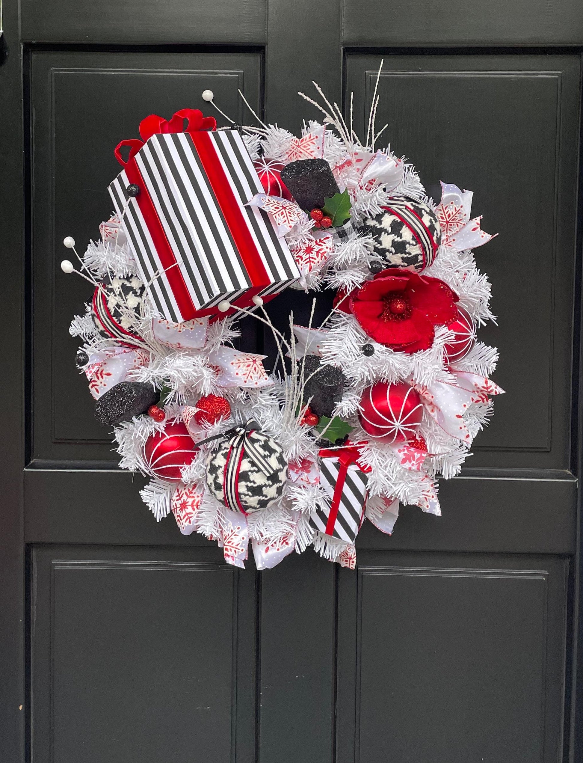 Red White Black Christmas Wreath Front Door Glam Deco Home Decorations Xmas Winter Mantle Decor Holiday Wreath Modern Swag Fireplace Wall - Hats By Cressida