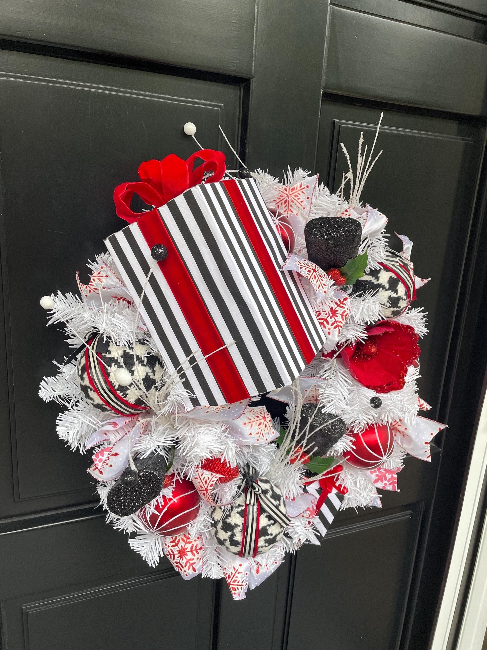 Red White Black Christmas Wreath Front Door Glam Deco Home Decorations Xmas Winter Mantle Decor Holiday Wreath Modern Swag Fireplace Wall - Hats By Cressida