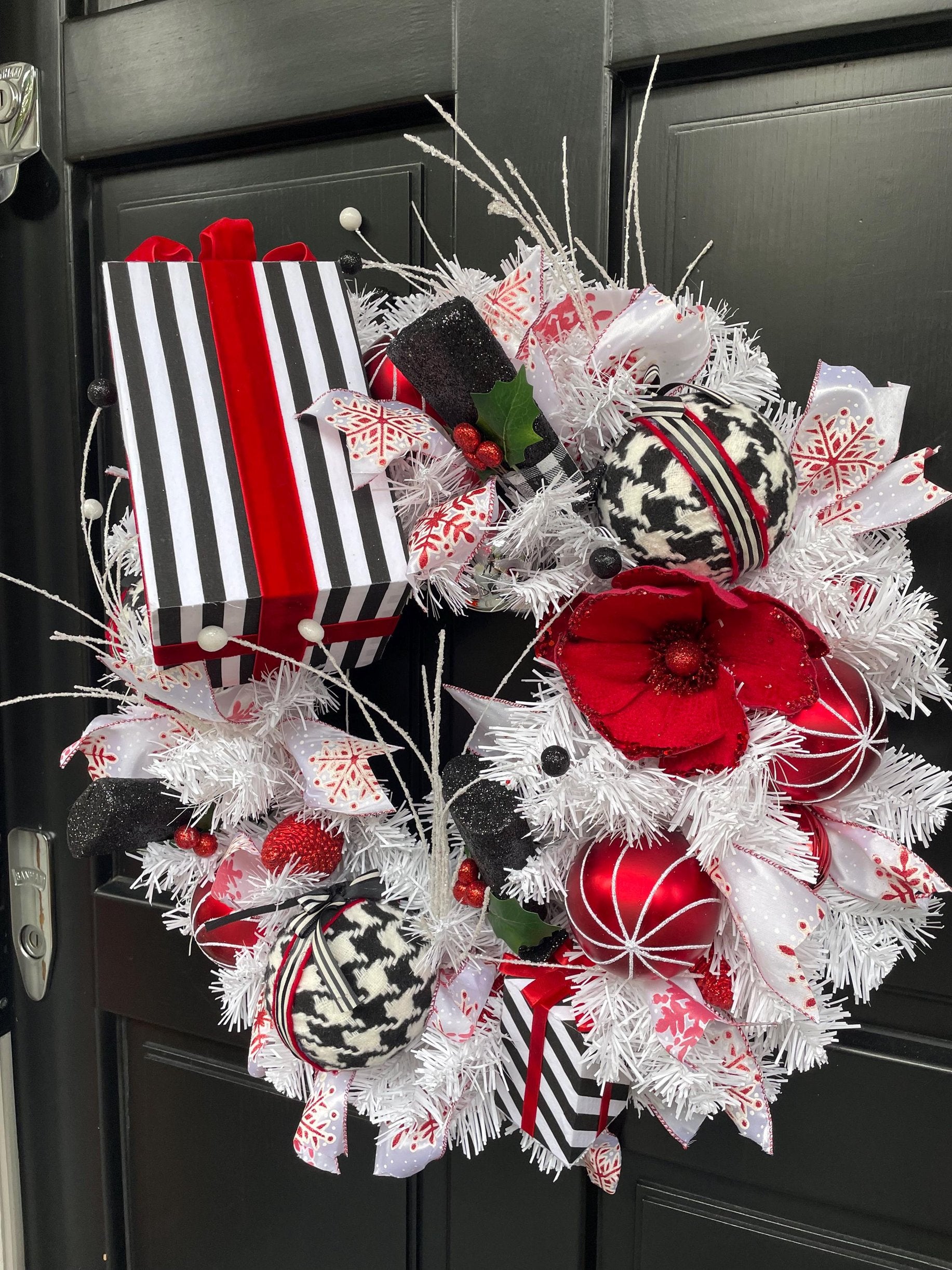 Red White Black Christmas Wreath Front Door Glam Deco Home Decorations Xmas Winter Mantle Decor Holiday Wreath Modern Swag Fireplace Wall - Hats By Cressida