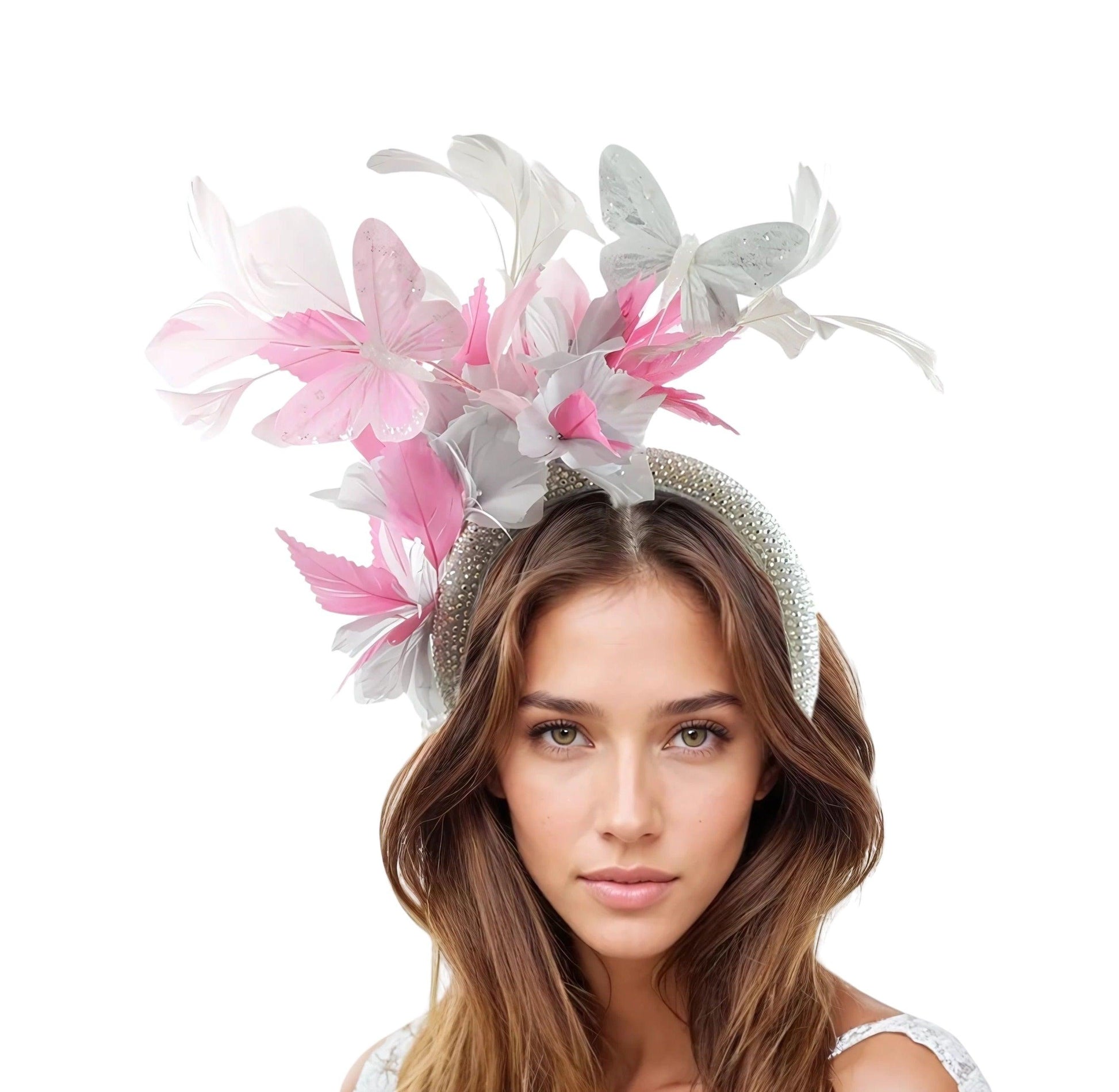 Sandy Butterfly Feather Crystal Padded Headband Tea Party Lunch Fascinator with pink and white butterflies and feathers on model's head