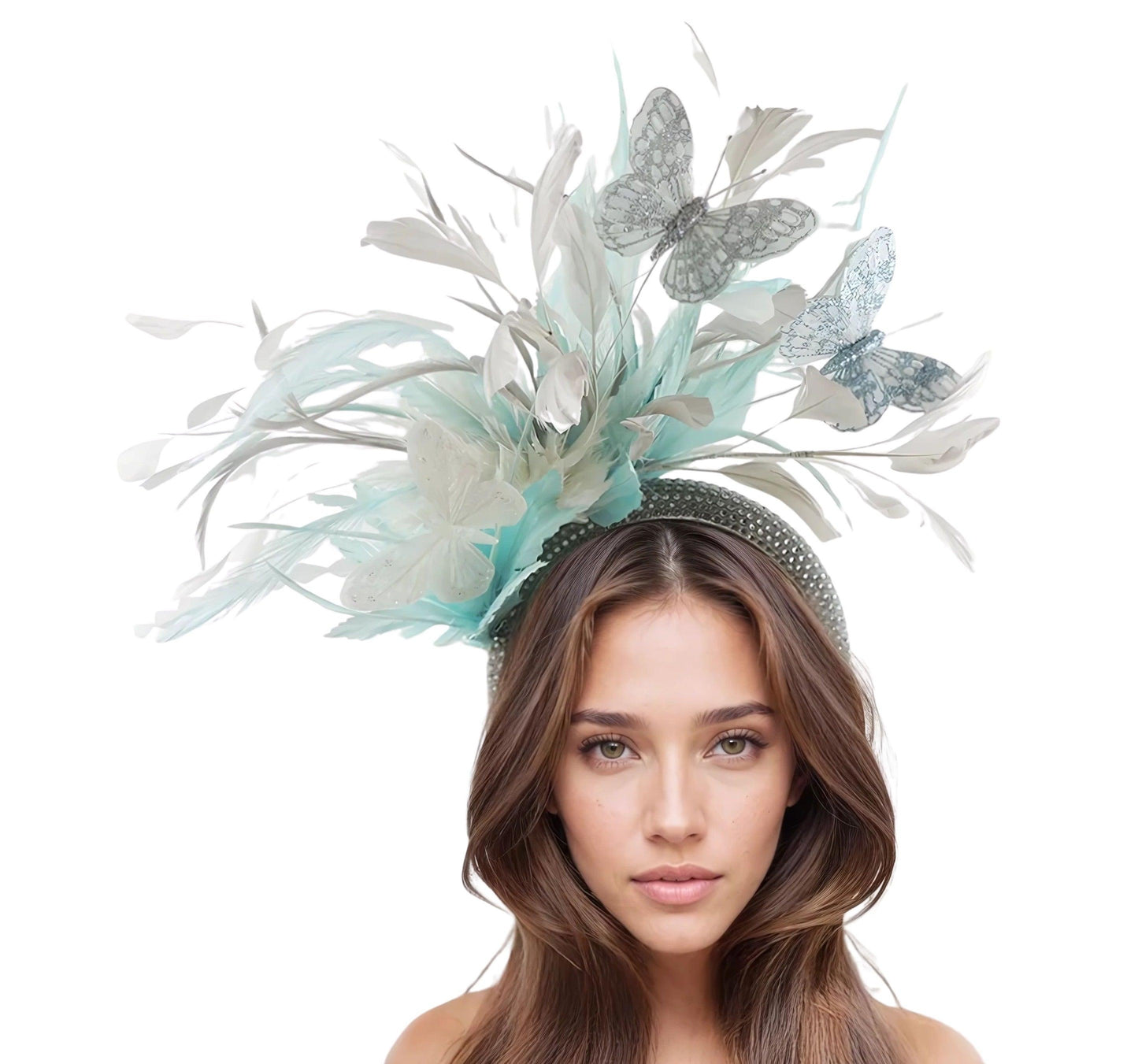 Sandy Butterfly Feather Crystal Padded Headband Tea Party Lunch Fascinator - Hats By Cressida