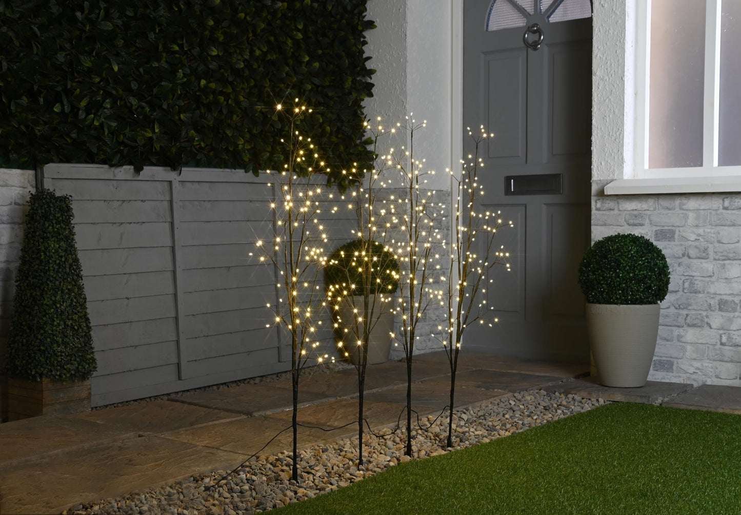 Set 4 Tall Lit Twig Tree Path Finders Warm White LEDs Outdoor Garden Christmas Fairy Lights - Hats By Cressida