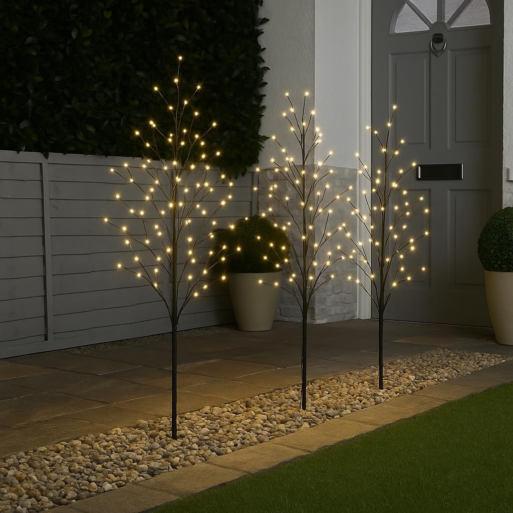 Set 4 Tall Lit Twig Tree Path Finders Warm White LEDs Outdoor Garden Christmas Fairy Lights - Hats By Cressida
