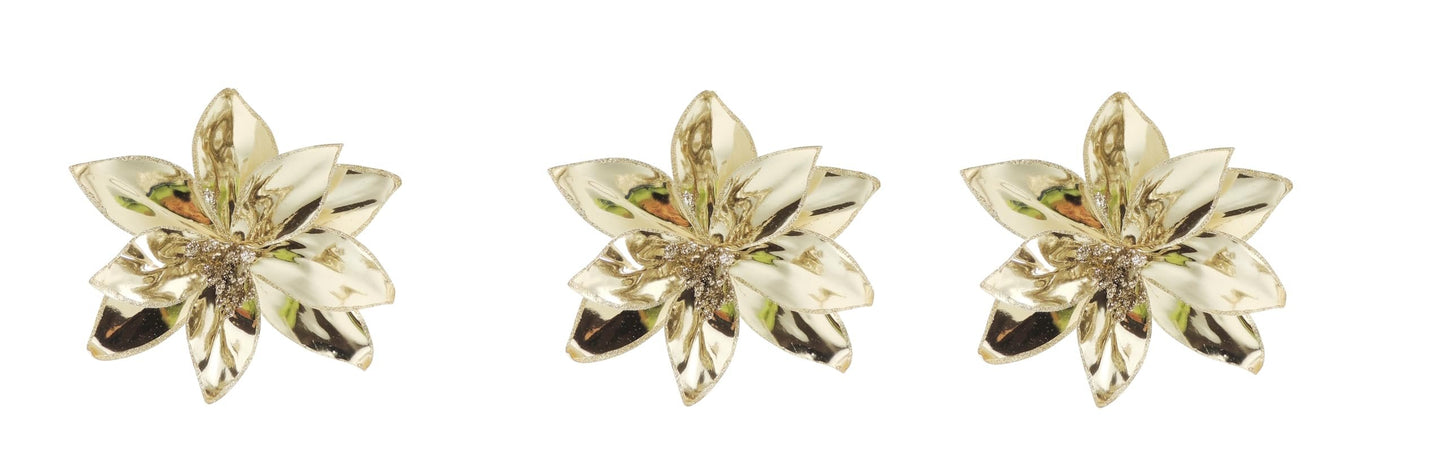 Set of 3 Metallic Gold Glitter Clip Poinsettia Flower Christmas Tree Floral Pick Ornament Xmas Decor Garland Wreath Decoration - Hats By Cressida