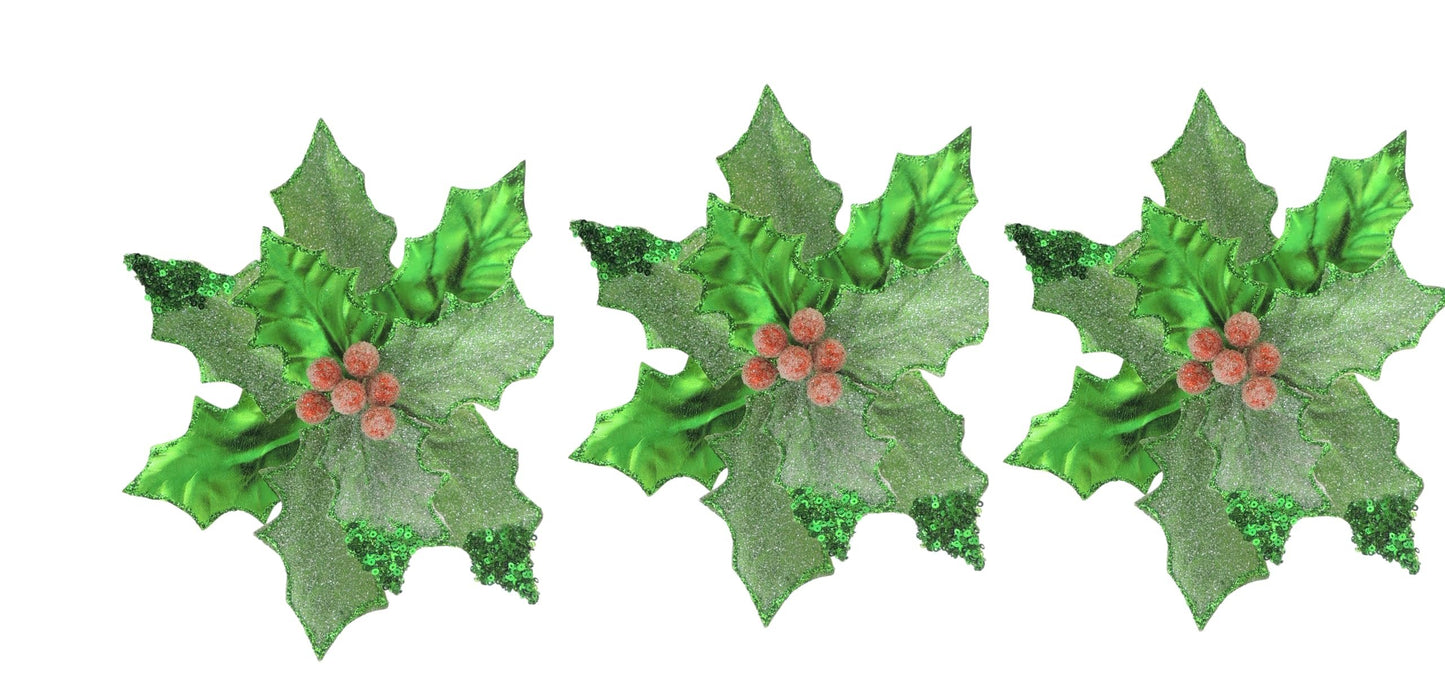 Set of 3 Metallic Green Red Glitter Sequin Clip Poinsettia Flower Christmas Tree Floral Pick Ornament Xmas Decor Garland Wreath Home Decoration - Hats By Cressida