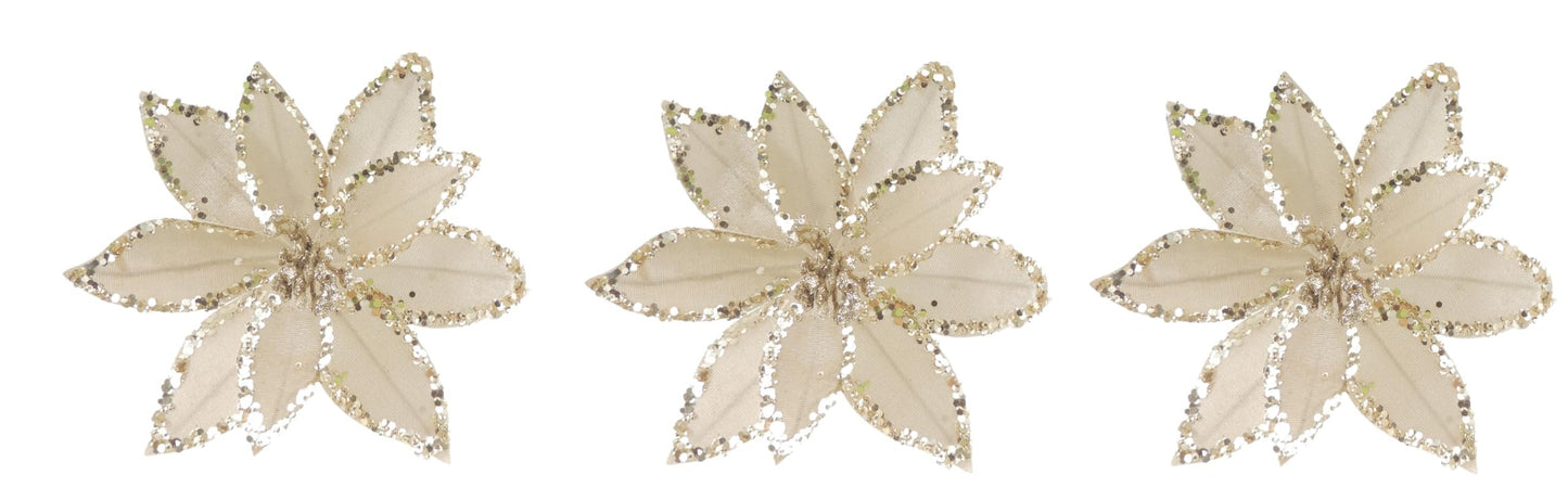 Set of 3 Nude Velvet Sequin Gold Poinsettia Flower Clip Christmas Tree Floral Pick Ornament Xmas Decor Garland Wreath Decoration - Hats By Cressida
