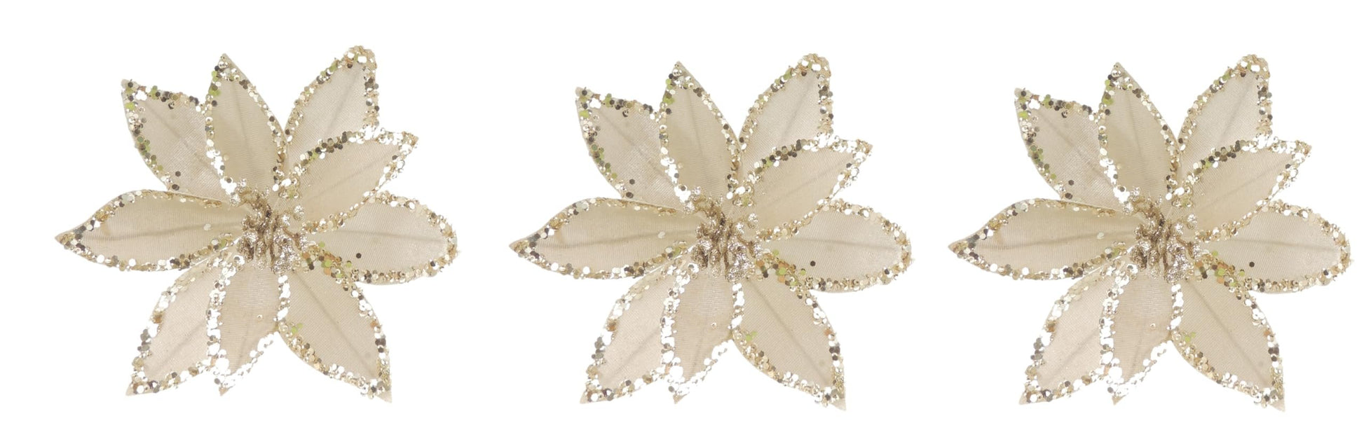 Set of 3 Nude Velvet Sequin Gold Poinsettia Flower Clip Christmas Tree Floral Pick Ornament Xmas Decor Garland Wreath Decoration - Hats By Cressida