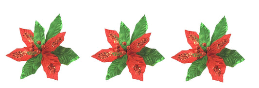Set of 3 Red Green Velvet Sequin Clip Flower Christmas Tree Floral Pick Stem Ornament Xmas Decor Garland Wreath Decoration Accent Holiday Arrangement - Hats By Cressida