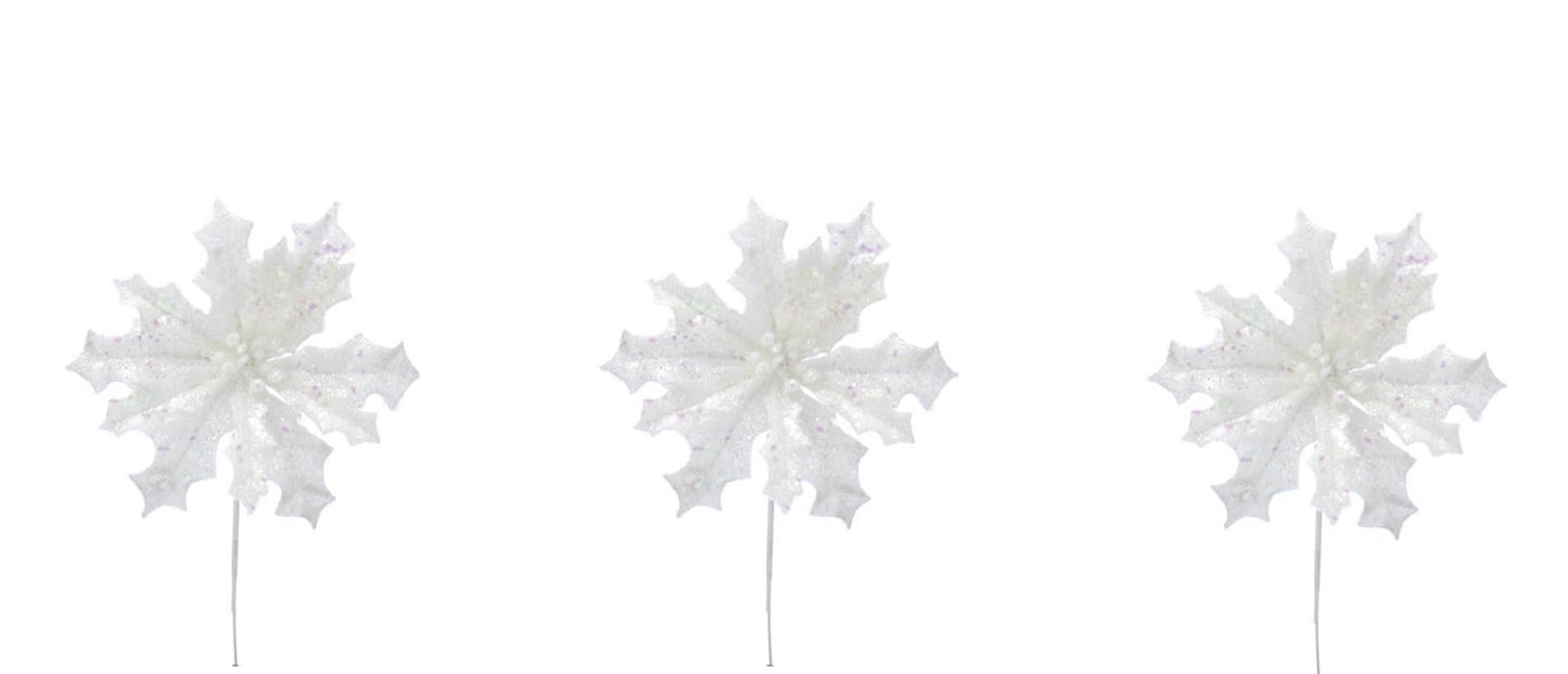 Set of 3 Sparkly Glitter White Poinsettia Flower Christmas Tree Floral Pick Ornament Xmas Decor Garland Wreath Decoration - Hats By Cressida