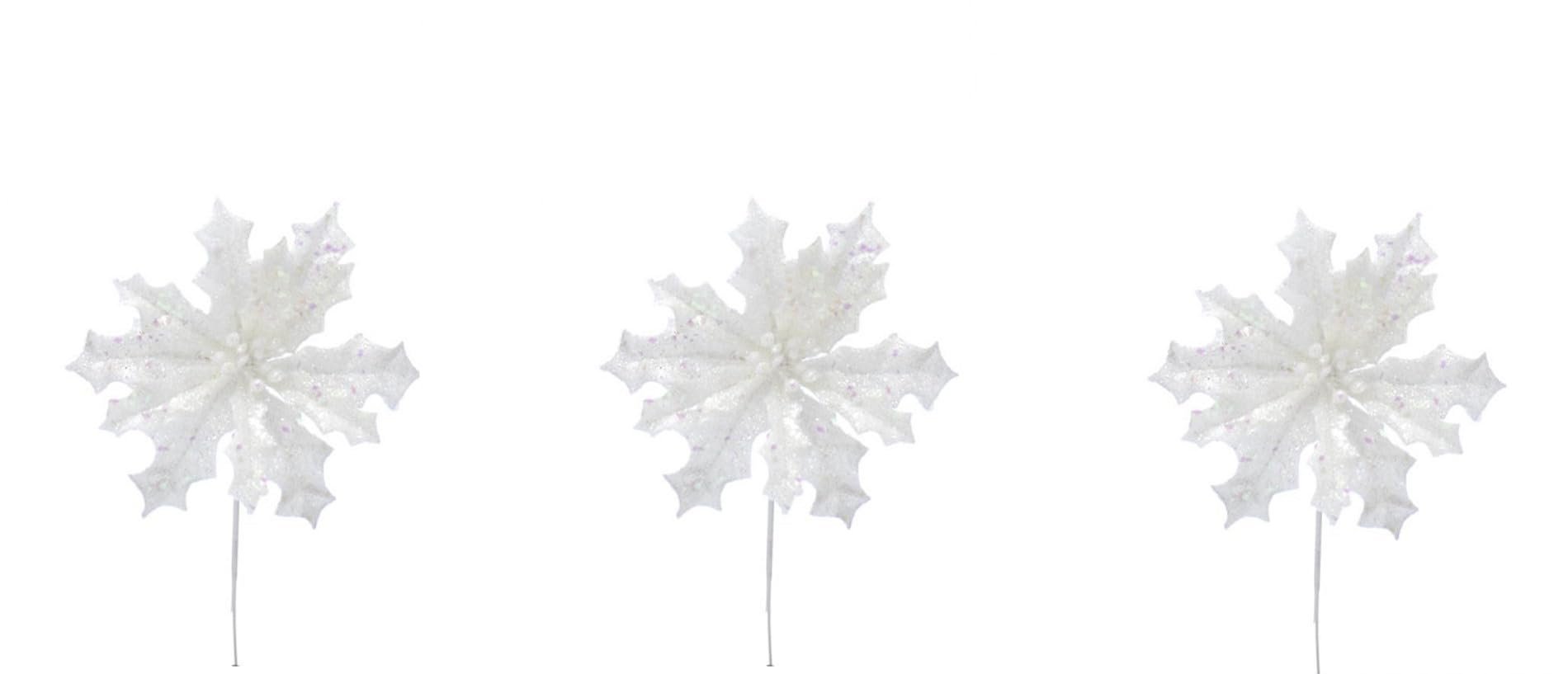 Set of 3 Sparkly Glitter White Poinsettia Flower Christmas Tree Floral Pick Ornament Xmas Decor Garland Wreath Decoration - Hats By Cressida