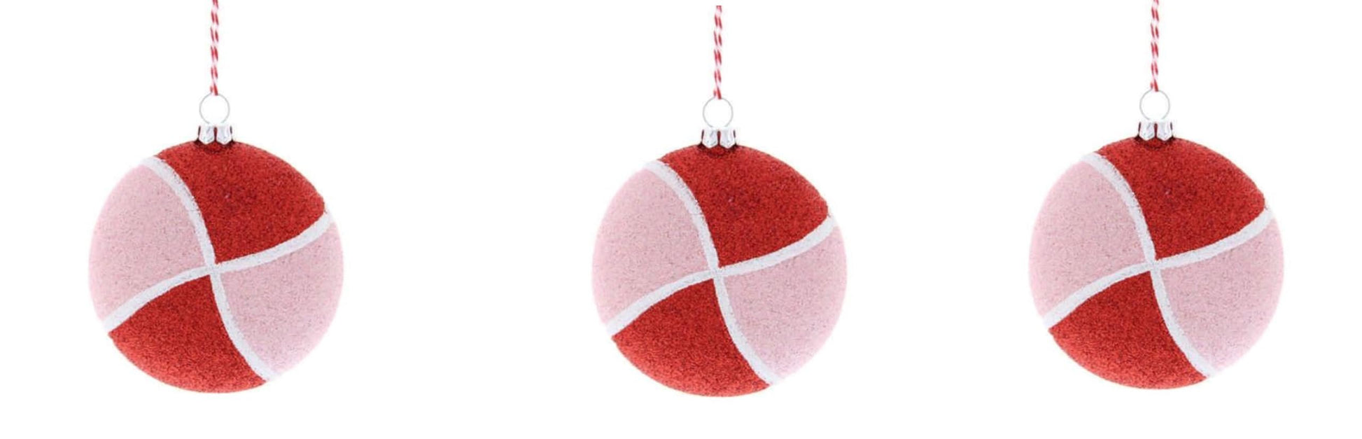Set of 3 Sparkly Red Pink Striped Candy Sweet Shop Theme Shatterproof Ornamnet Hanging Christmas Tree Bauble Ornament Xmas Decor Decoration - Hats By Cressida