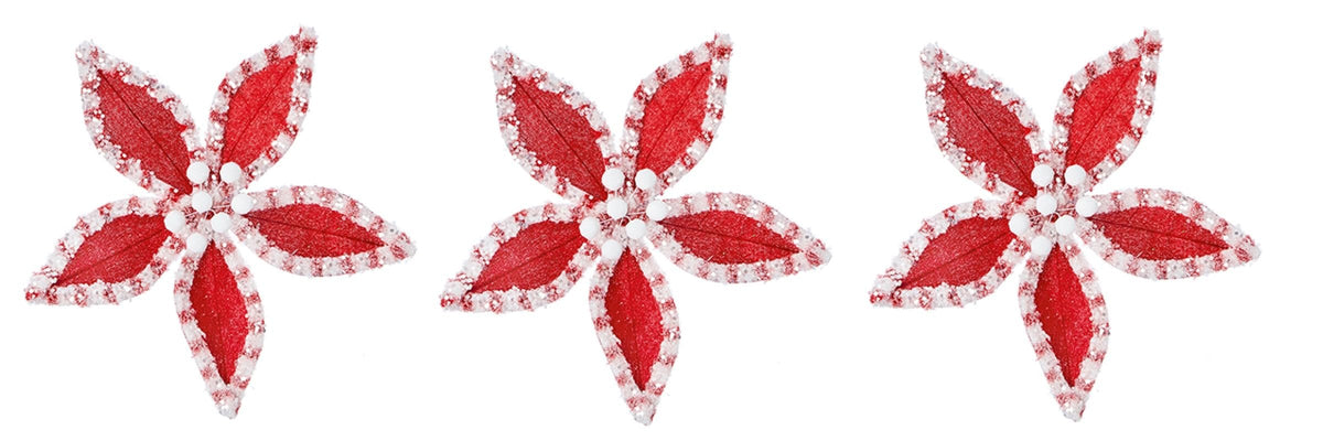 Set of 3 Velvet Sequin Edge Red White Poinsettia Flower Clip Christmas Tree Floral Pick Ornament Xmas Decor Garland Wreath Decoration - Hats By Cressida