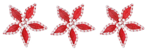 Set of 3 Velvet Sequin Edge Red White Poinsettia Flower Clip Christmas Tree Floral Pick Ornament Xmas Decor Garland Wreath Decoration - Hats By Cressida