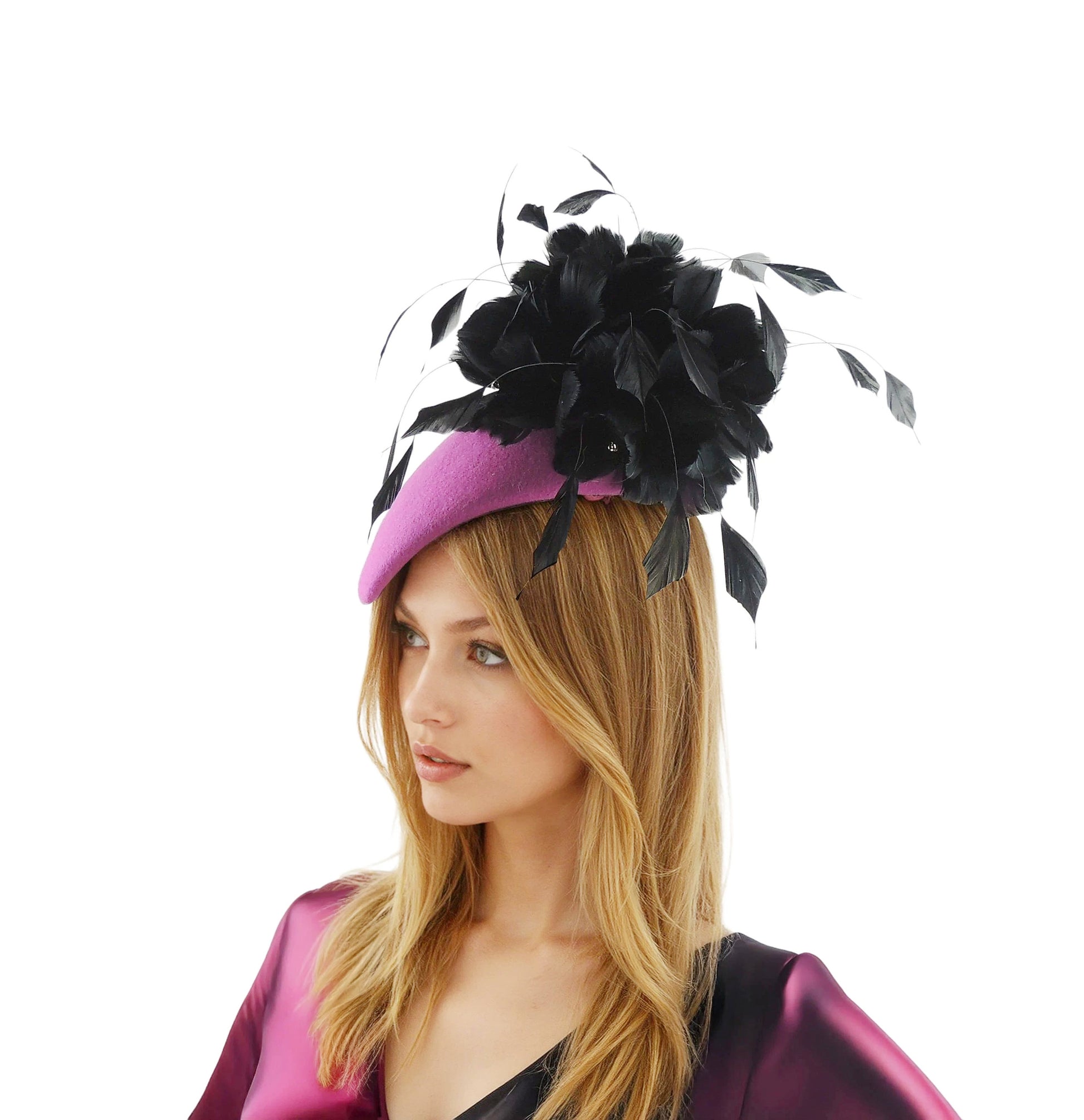 Sophie - Autumn & Winter Winter Wedding Feather Percher Hat - Hats By Cressida