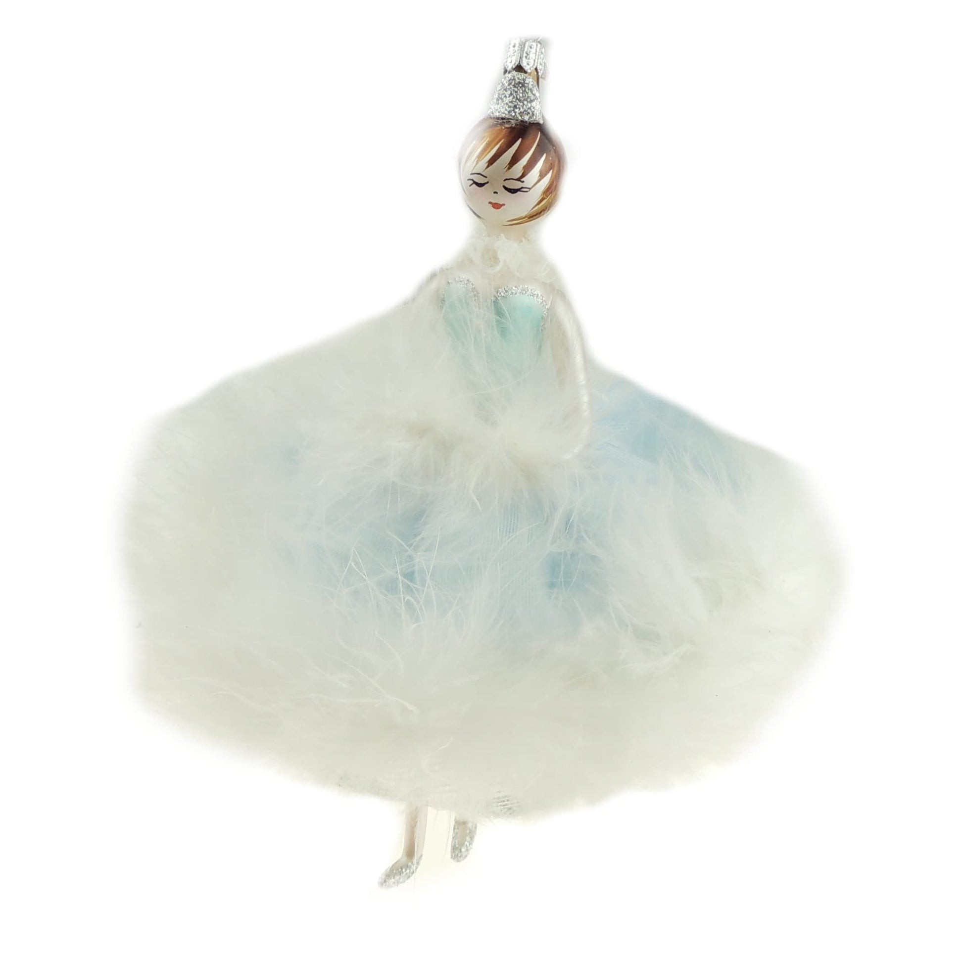 Stunning Italian Luxury Hand Blown Glass Traditional Keepsake Decoration Decorative Christmas Tree Ornament Bauble Winter Novelty Stuff Garland Present Figurine Blue White Feather Fairy Lady - Hats By Cressida
