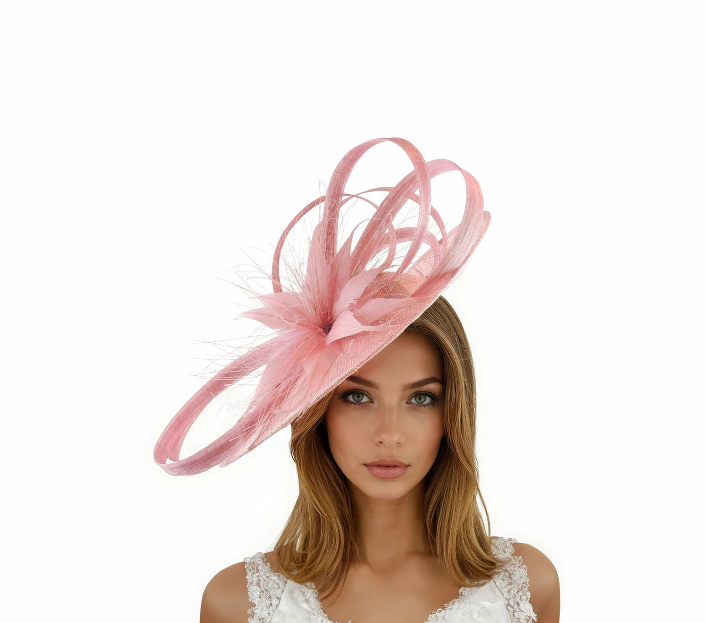 Susan - Elegant Hatinator Statement Fascinator in soft pink with delicate feathers and loops, perfect for formal occasions and weddings