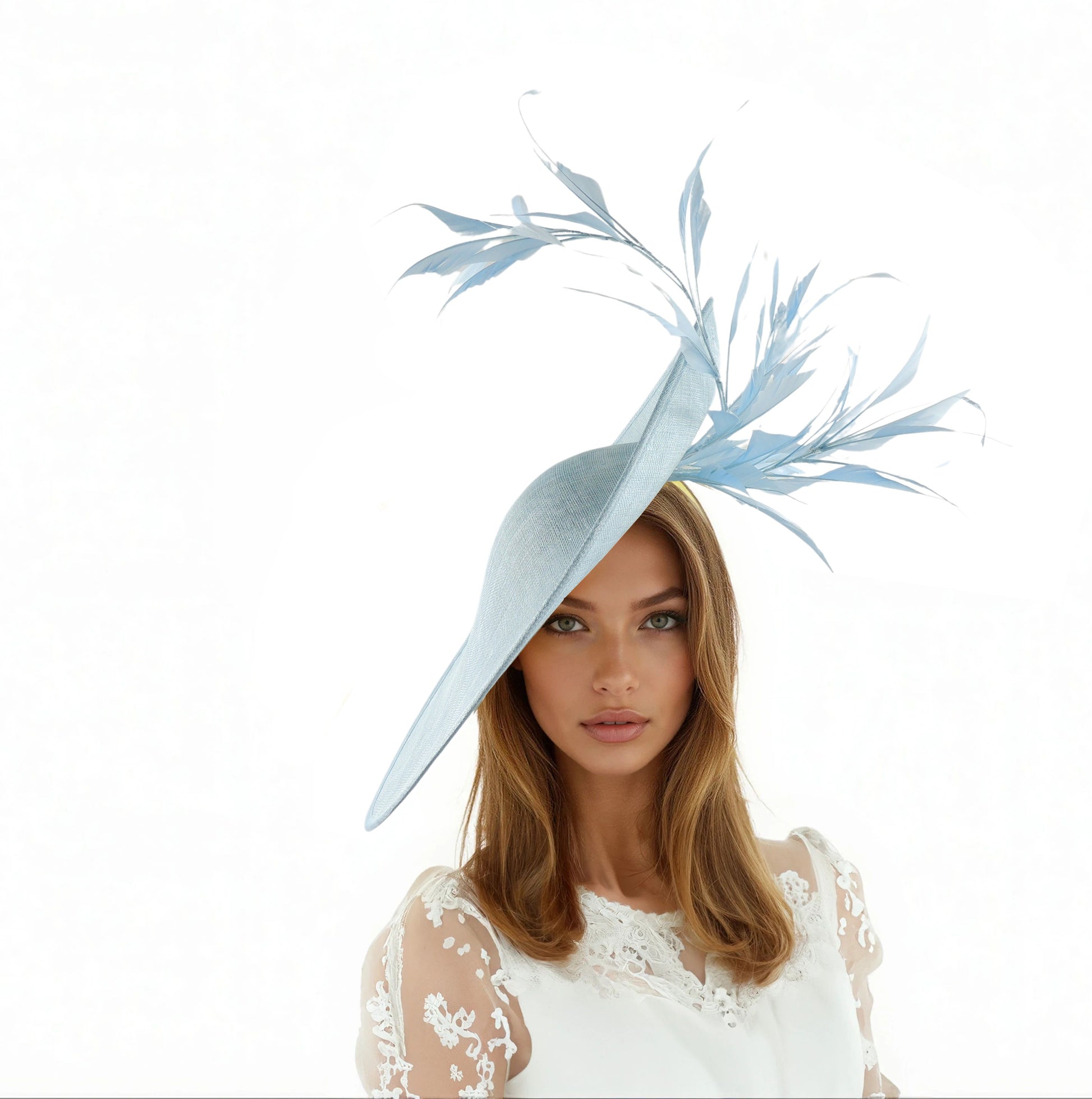 Woman wearing a pale blue Tessa Large Race Day Wedding Fascinator Hat with feather details and lace dress