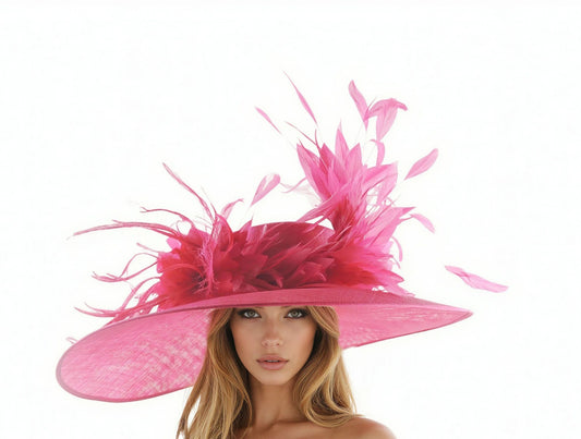 The Cassidy Wide-Brim Ascot Hat in vibrant pink with elaborate feather accents, perfect elegant headwear for formal occasions