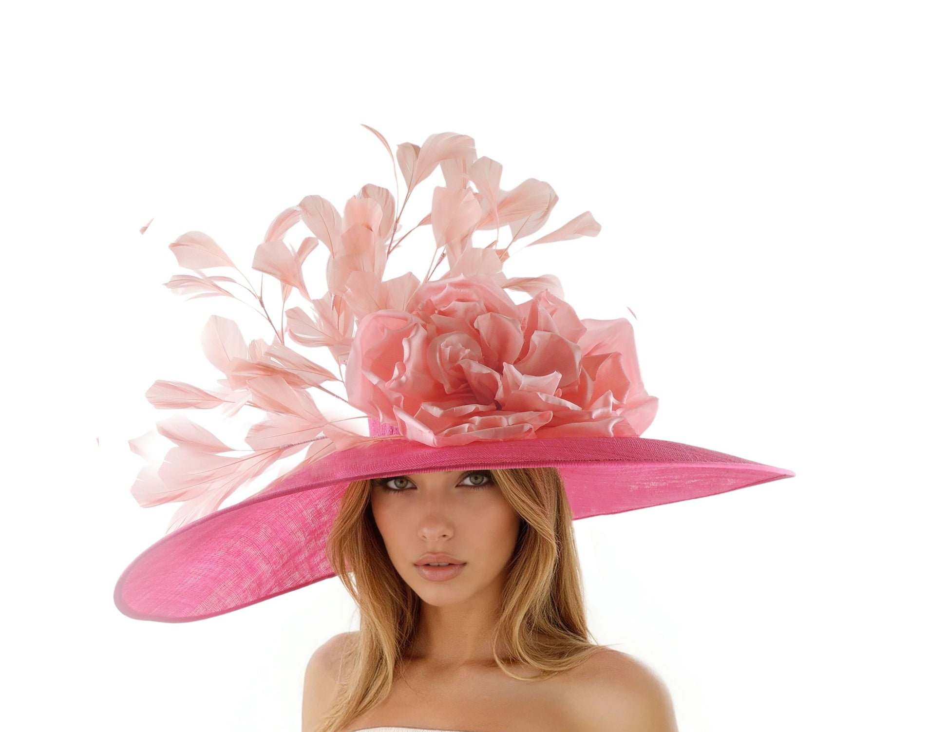 Victoria - Wide Brim Occasion Silk Rose & Feather Wedding Race Day Formal Hat worn by woman with large pink floral and feather detail