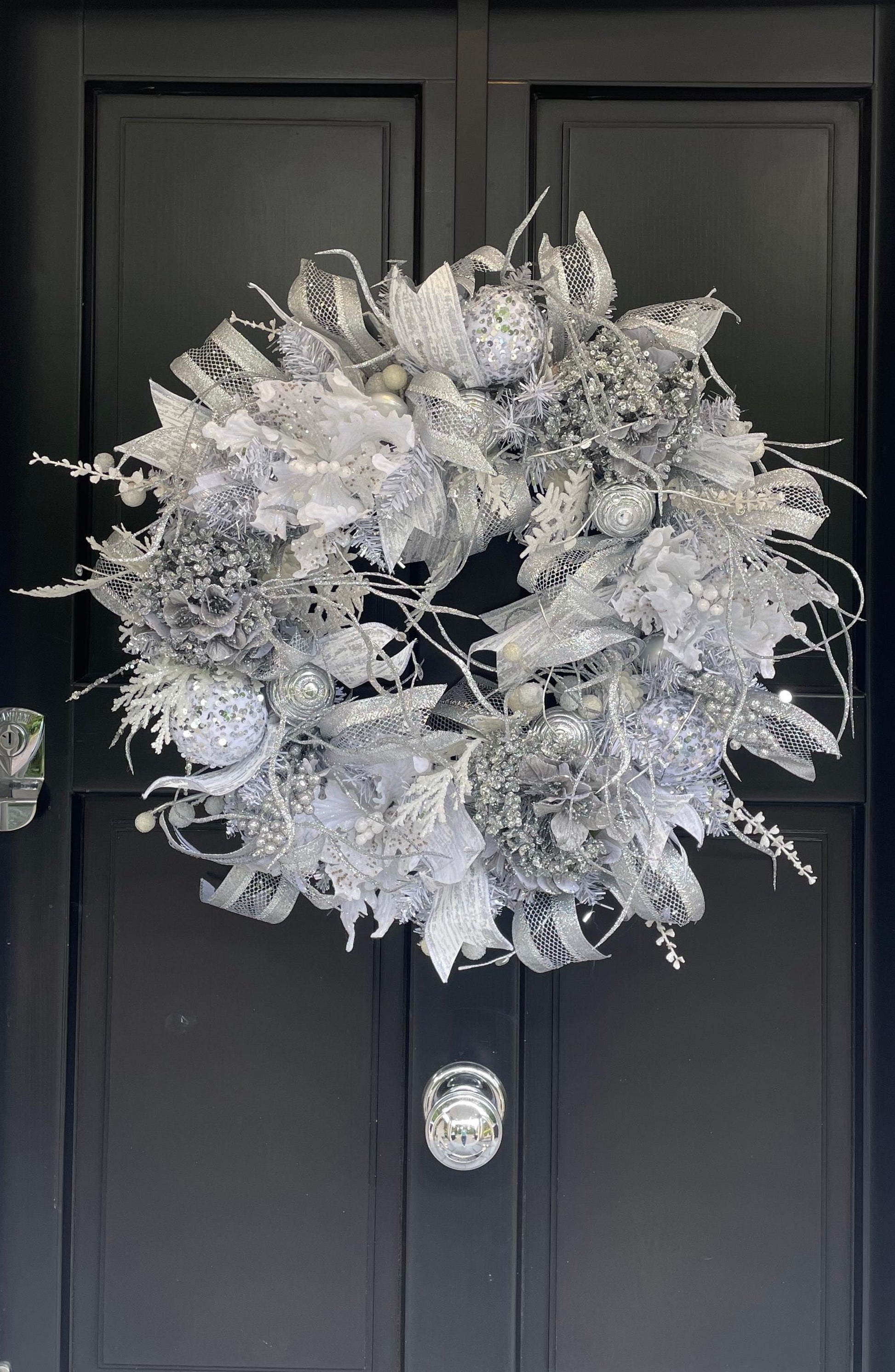 White Silver Luxury Christmas Wreath Front Door Luxury Home Decorations Xmas Winter Mantle Decor Holiday Wreath Advent Swag Silver Theme - Hats By Cressida