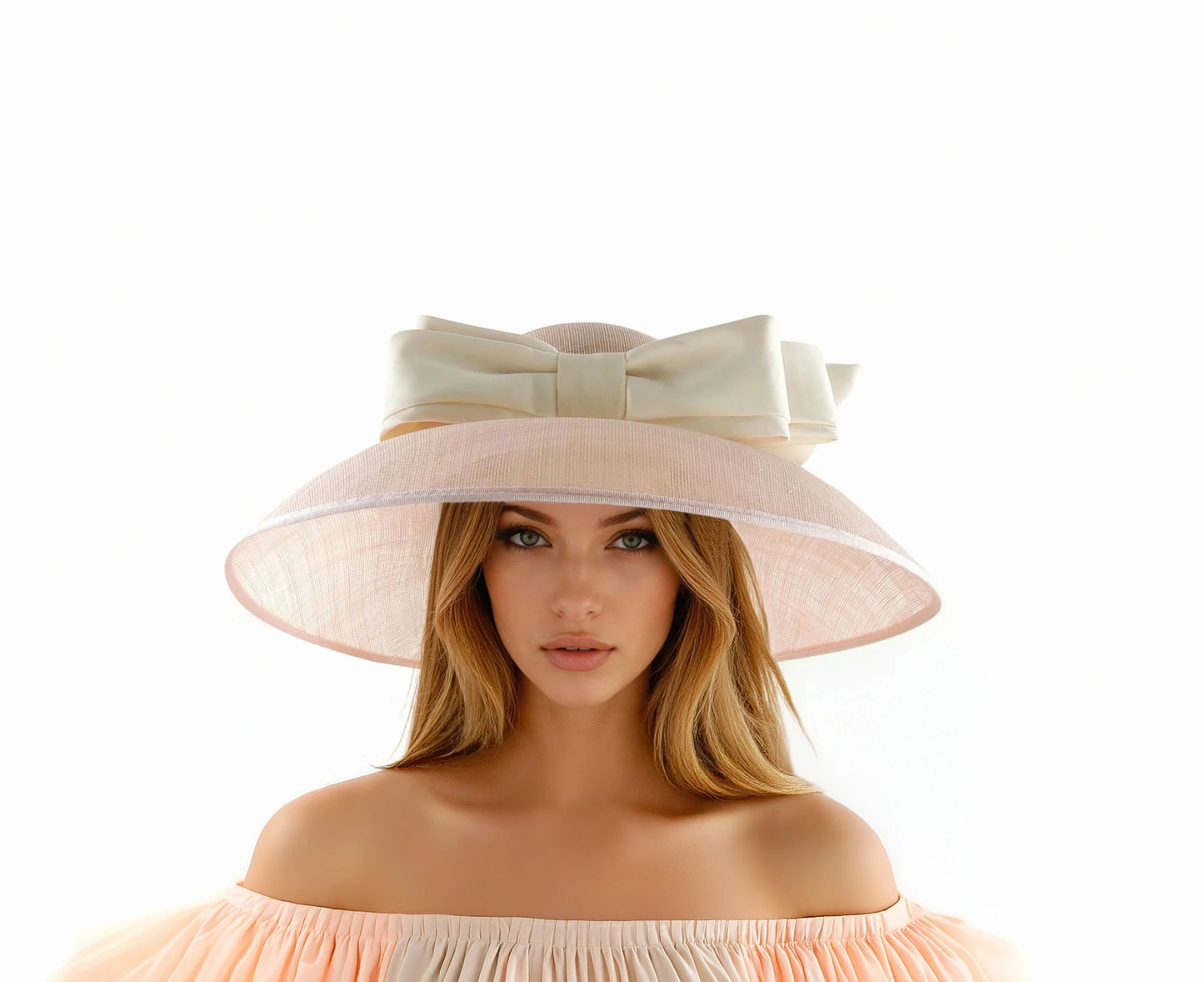 Elegant woman wearing Winifred Wide Brim Sinamay Hat – Audrey Hepburn Style for Races, Weddings, Formal Events with bow detail