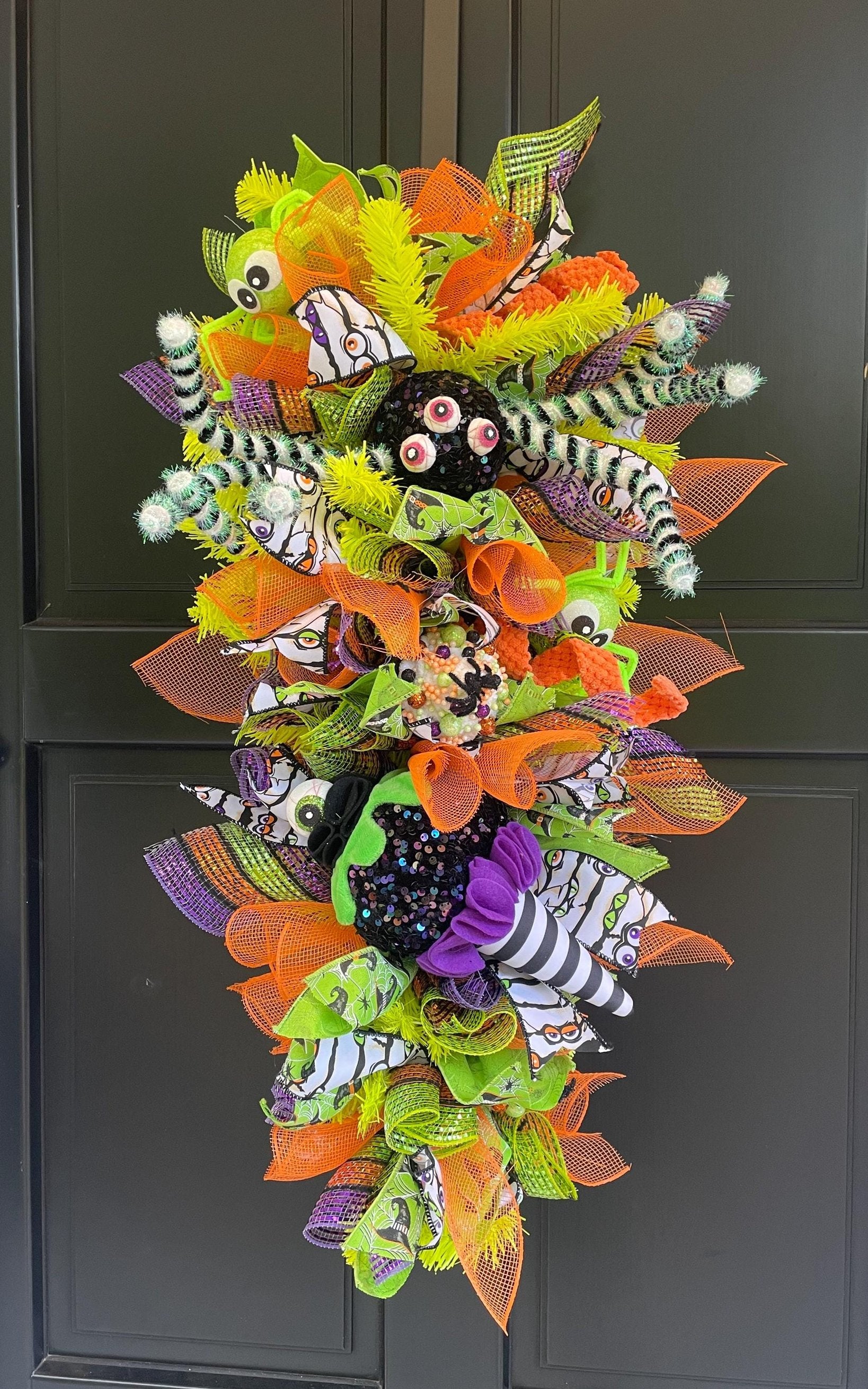 XL Autumn Fall Halloween Front Door Wreath Luxury Teardrop Rustic Wall Porch Hanger House Home Decor Decorations Spooky Spider Glam Boho - Hats By Cressida