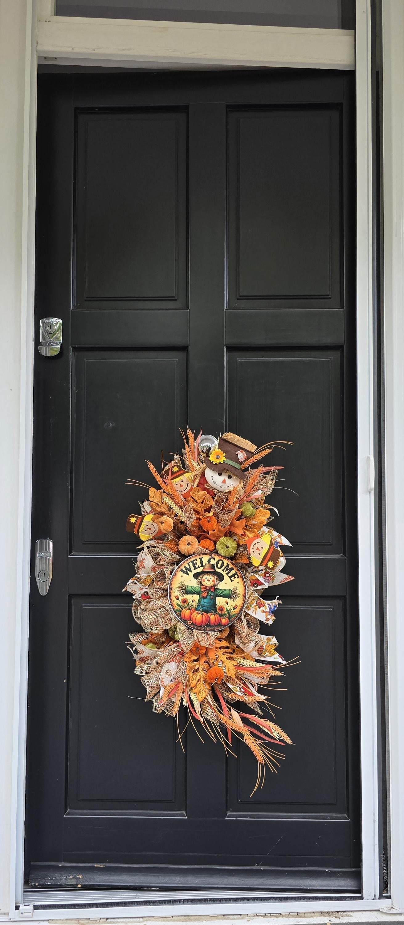 XL Autumn Fall Orange Scarecrow Harvest Front Door Wreath Luxury Rustic Wall Porch Hanger House Home Decor Decorations Thanksgiving Boho - Hats By Cressida