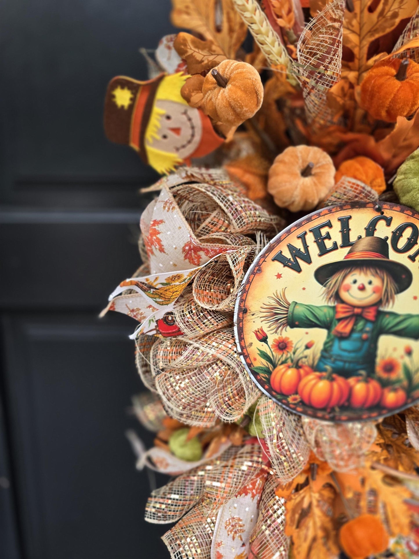 XL Autumn Fall Orange Scarecrow Harvest Front Door Wreath Luxury Rustic Wall Porch Hanger House Home Decor Decorations Thanksgiving Boho - Hats By Cressida