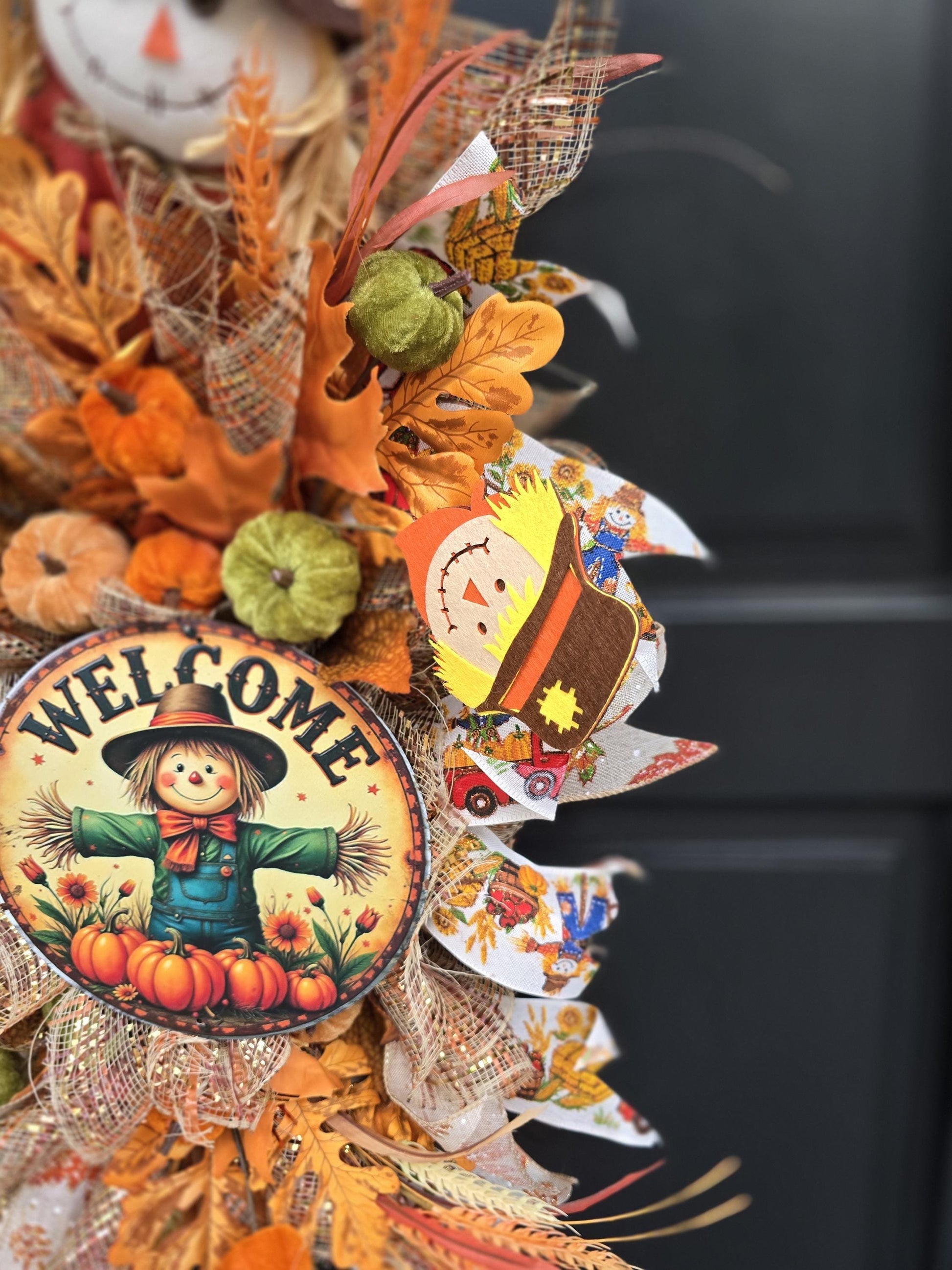 XL Autumn Fall Orange Scarecrow Harvest Front Door Wreath Luxury Rustic Wall Porch Hanger House Home Decor Decorations Thanksgiving Boho - Hats By Cressida
