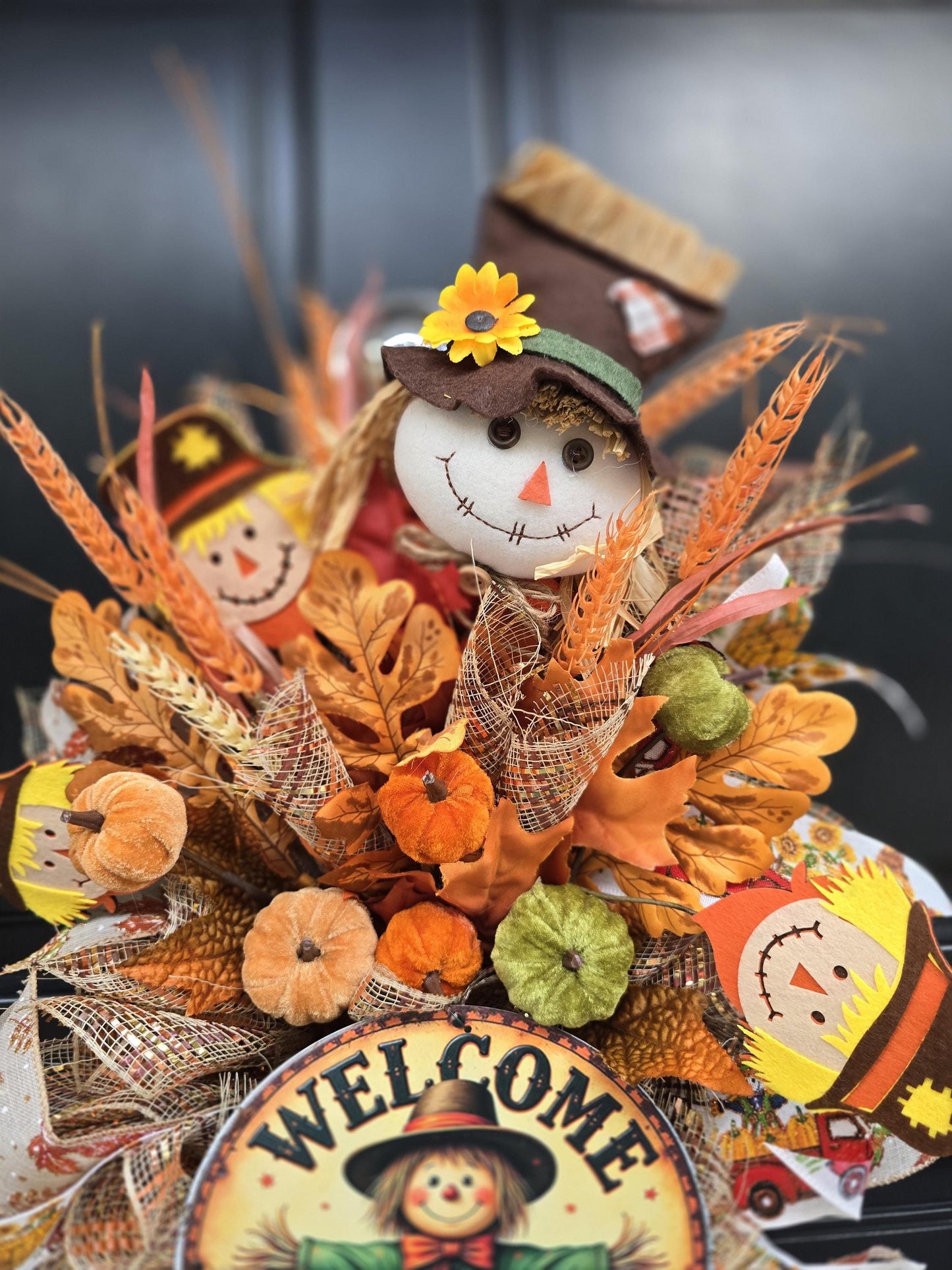 XL Autumn Fall Orange Scarecrow Harvest Front Door Wreath Luxury Rustic Wall Porch Hanger House Home Decor Decorations Thanksgiving Boho - Hats By Cressida