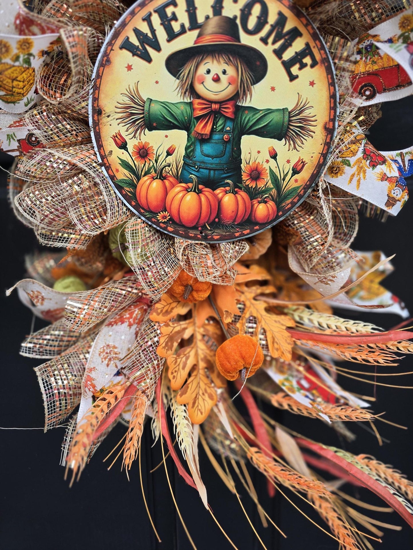 XL Autumn Fall Orange Scarecrow Harvest Front Door Wreath Luxury Rustic Wall Porch Hanger House Home Decor Decorations Thanksgiving Boho - Hats By Cressida