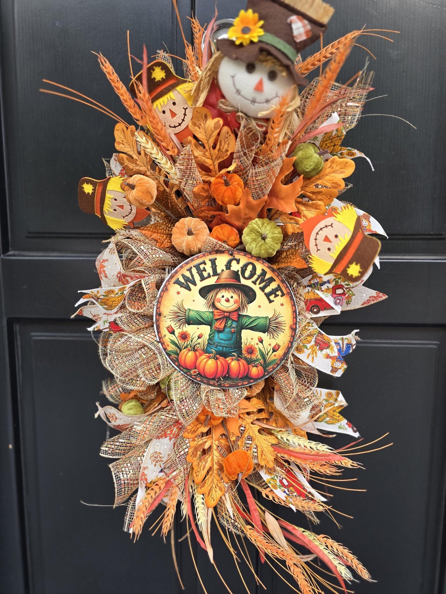 XL Autumn Fall Orange Scarecrow Harvest Front Door Wreath Luxury Rustic Wall Porch Hanger House Home Decor Decorations Thanksgiving Boho - Hats By Cressida