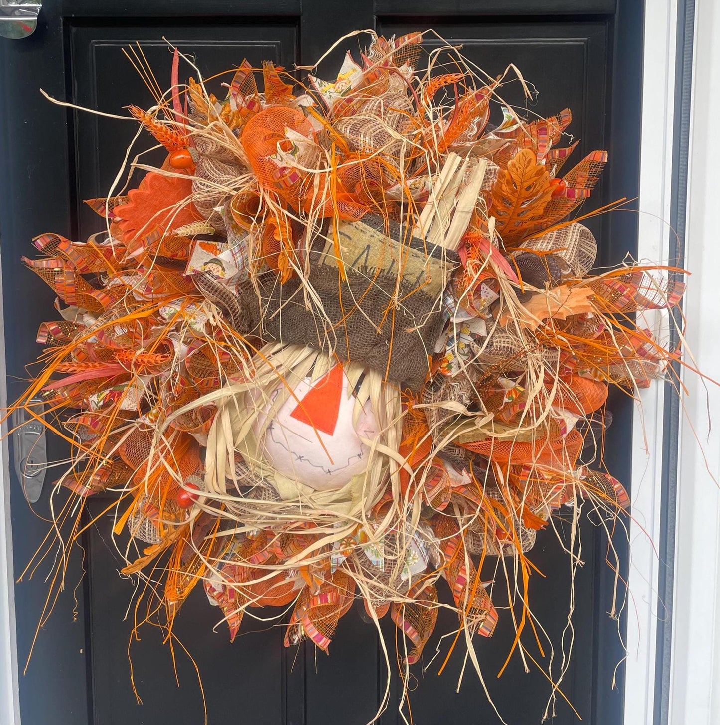 XL Autumn Fall Scarecrow Orange Harvest Front Door Wreath Luxury Rustic Wall Porch Hanger House Home Decor Decoration Thanksgiving Farmhouse - Hats By Cressida