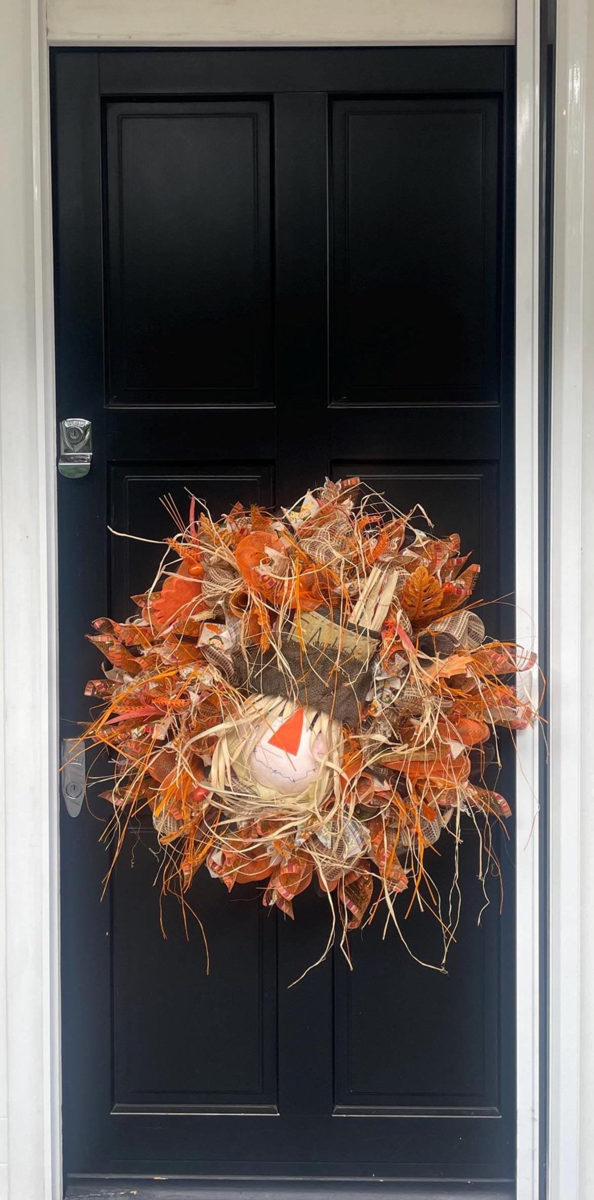 XL Autumn Fall Scarecrow Orange Harvest Front Door Wreath Luxury Rustic Wall Porch Hanger House Home Decor Decoration Thanksgiving Farmhouse - Hats By Cressida