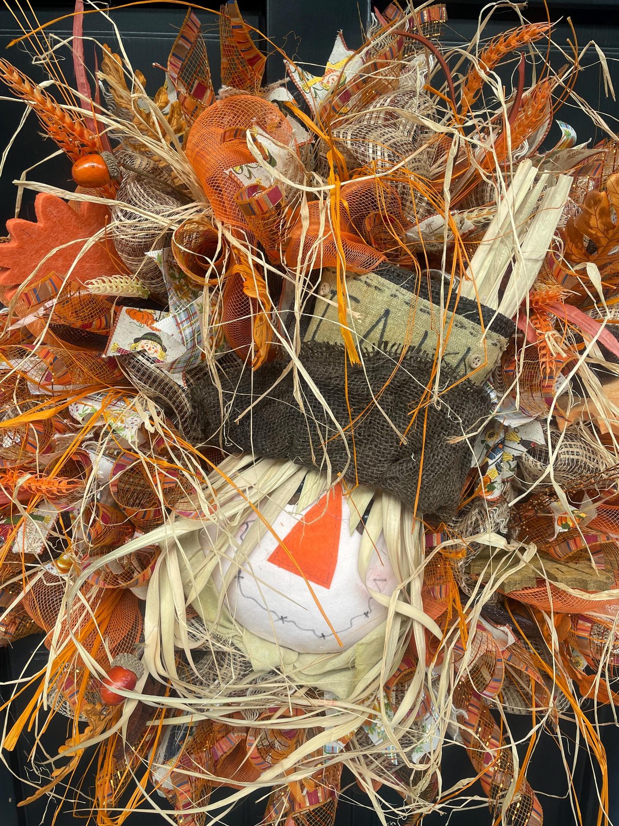 XL Autumn Fall Scarecrow Orange Harvest Front Door Wreath Luxury Rustic Wall Porch Hanger House Home Decor Decoration Thanksgiving Farmhouse - Hats By Cressida