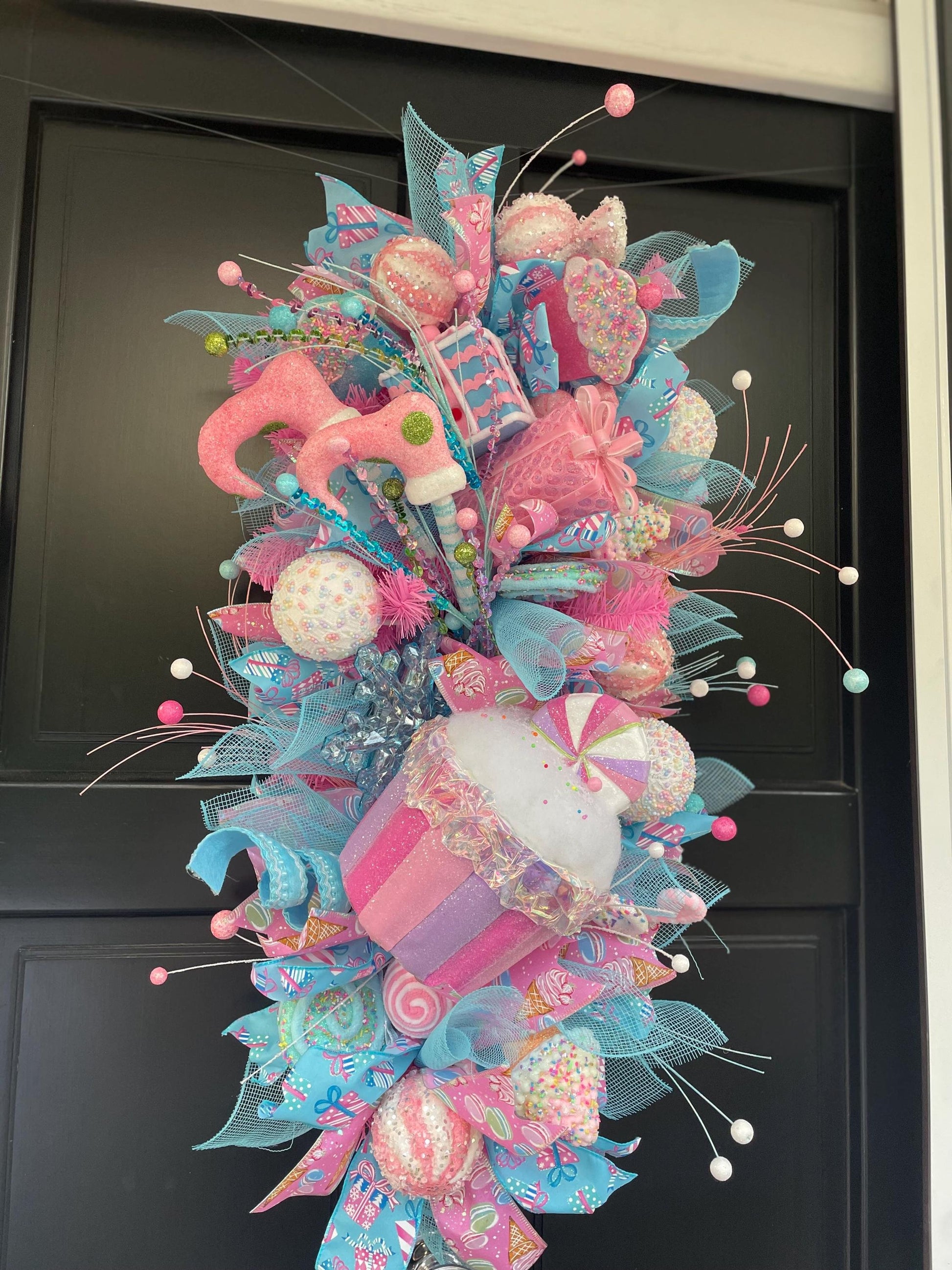 XL Candy Shop Luxury Teardrop Christmas Front Door Wreath Sweet Cake Pink Blue Home Decoration Xmas Winter Mantle Decor Holiday Advent Swag - Hats By Cressida