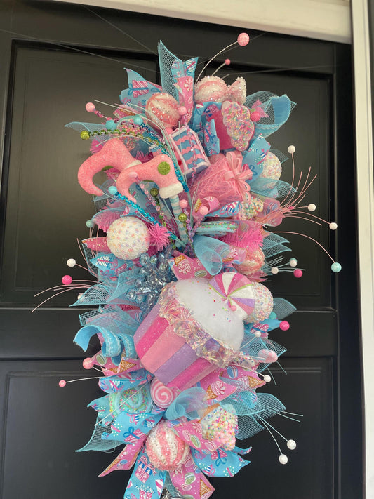 XL Candy Shop Luxury Teardrop Christmas Front Door Wreath Sweet Cake Pink Blue Home Decoration Xmas Winter Mantle Decor Holiday Advent Swag - Hats By Cressida