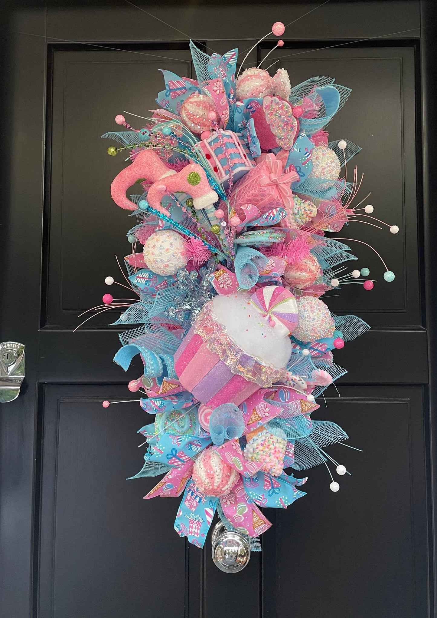 XL Candy Shop Luxury Teardrop Christmas Front Door Wreath Sweet Cake Pink Blue Home Decoration Xmas Winter Mantle Decor Holiday Advent Swag - Hats By Cressida