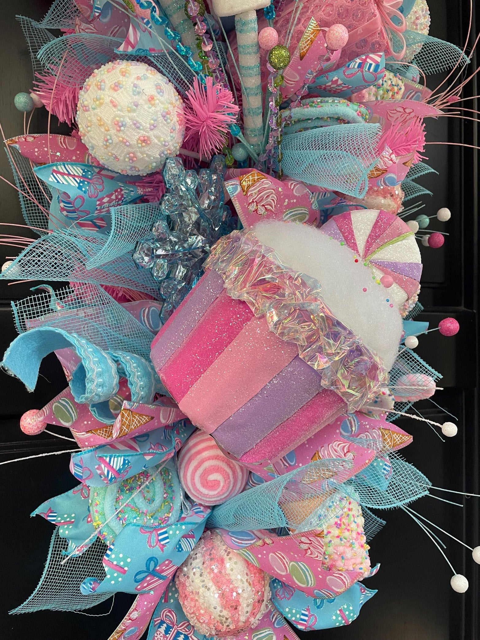 XL Candy Shop Luxury Teardrop Christmas Front Door Wreath Sweet Cake Pink Blue Home Decoration Xmas Winter Mantle Decor Holiday Advent Swag - Hats By Cressida