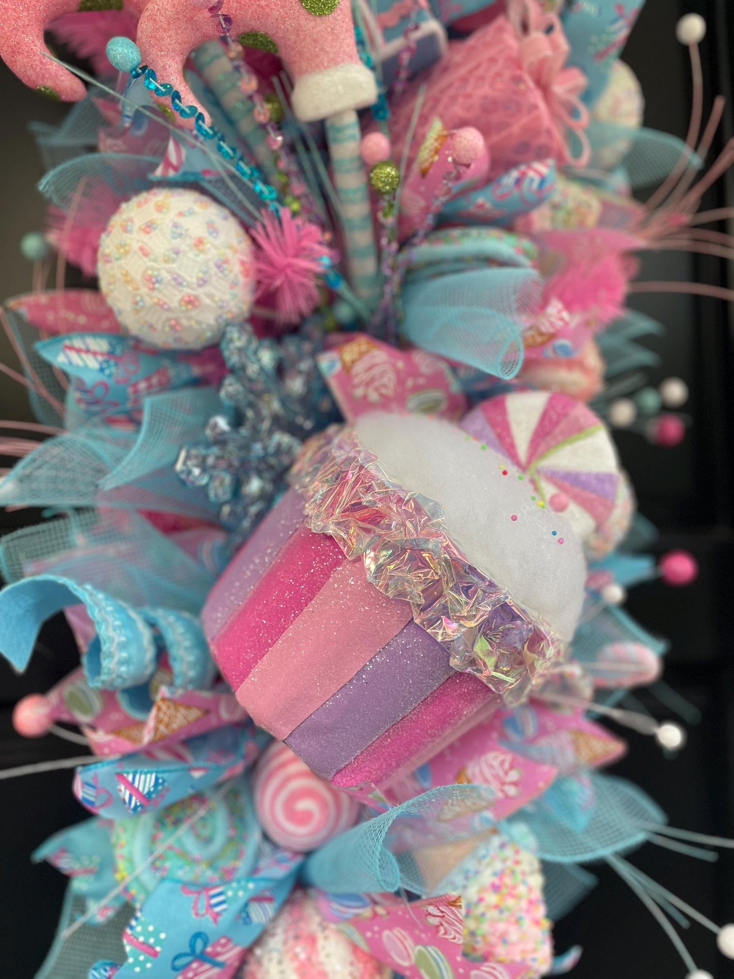XL Candy Shop Luxury Teardrop Christmas Front Door Wreath Sweet Cake Pink Blue Home Decoration Xmas Winter Mantle Decor Holiday Advent Swag - Hats By Cressida