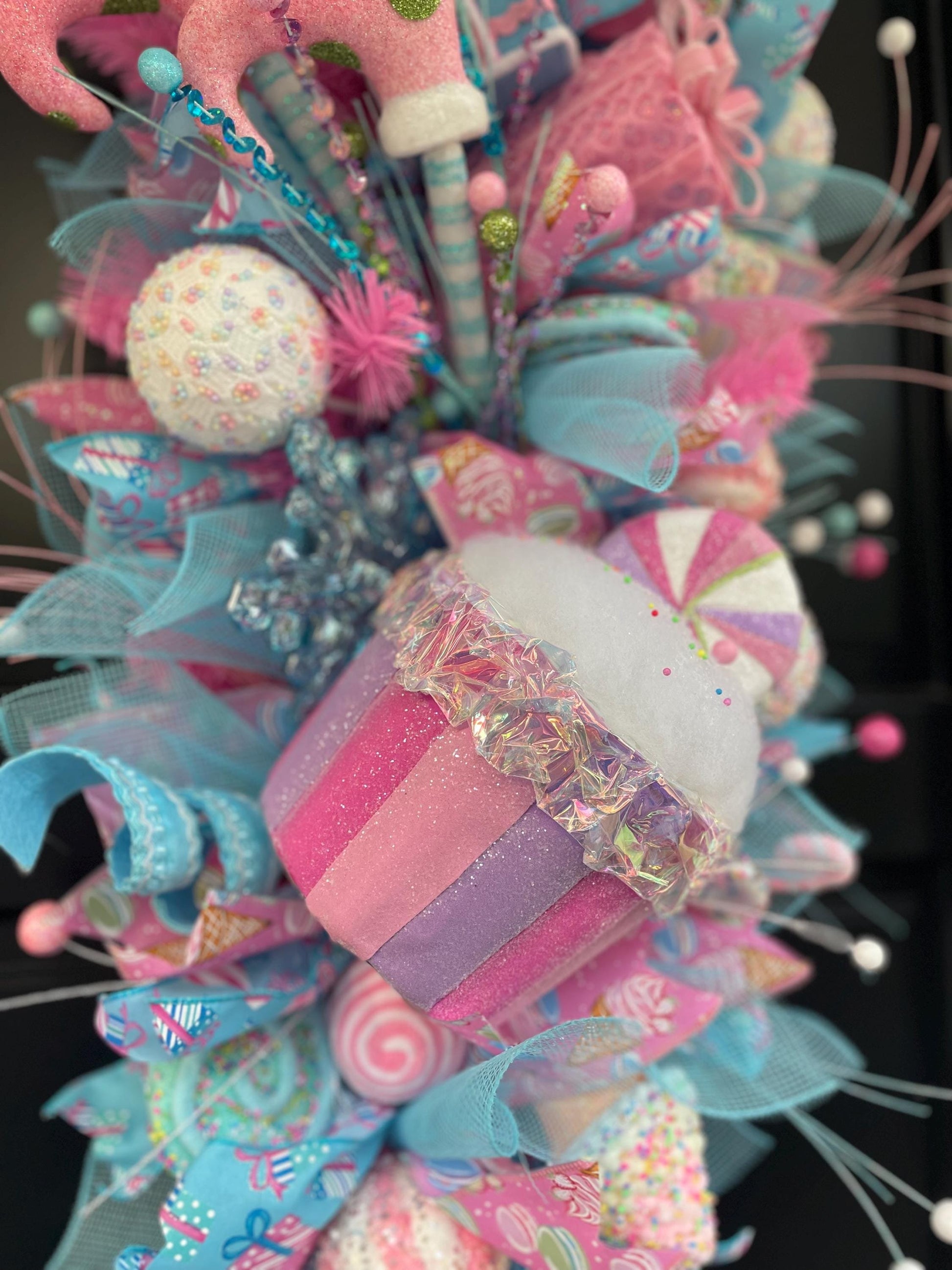 XL Candy Shop Luxury Teardrop Christmas Front Door Wreath Sweet Cake Pink Blue Home Decoration Xmas Winter Mantle Decor Holiday Advent Swag - Hats By Cressida