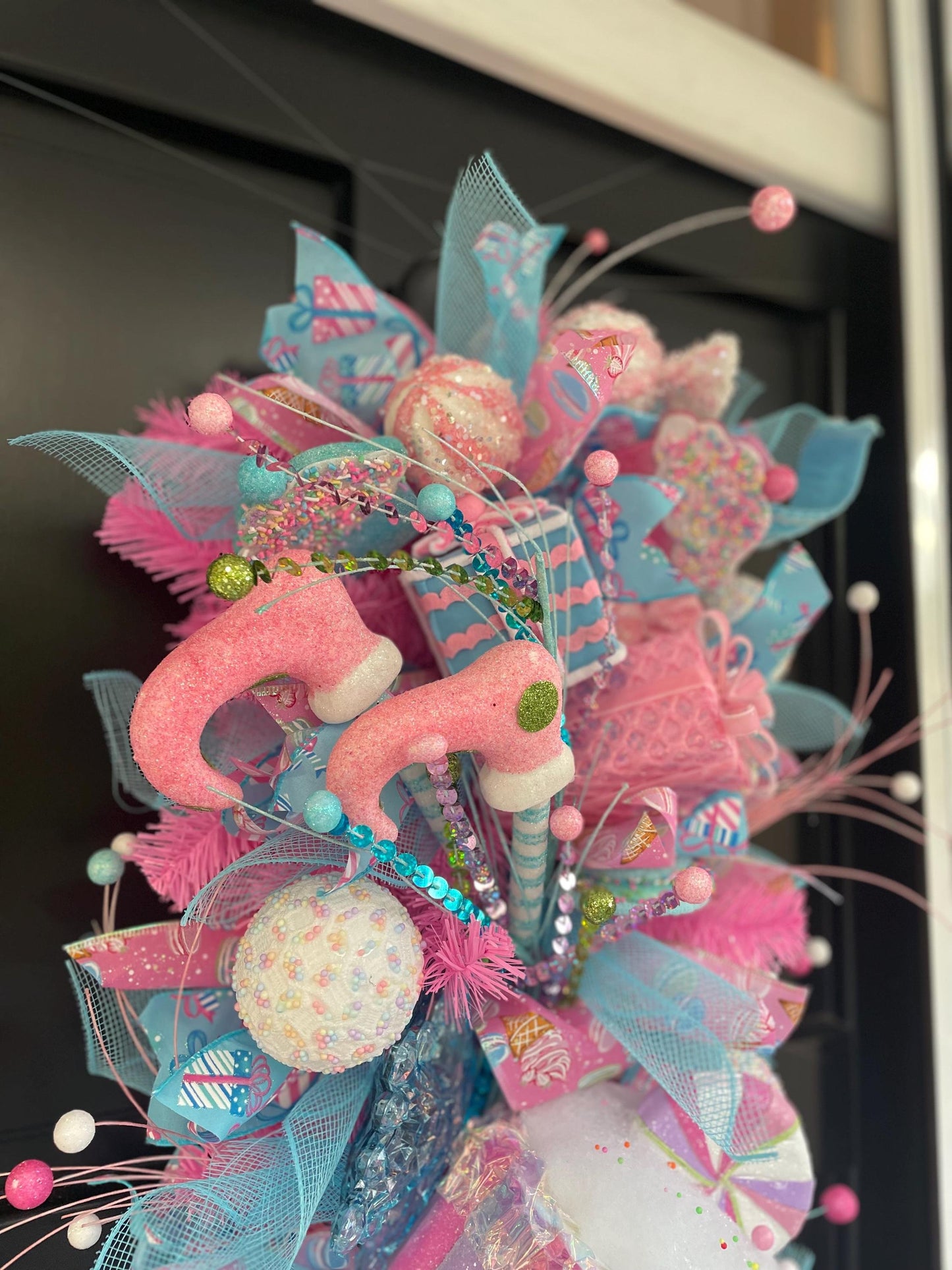 XL Candy Shop Luxury Teardrop Christmas Front Door Wreath Sweet Cake Pink Blue Home Decoration Xmas Winter Mantle Decor Holiday Advent Swag - Hats By Cressida