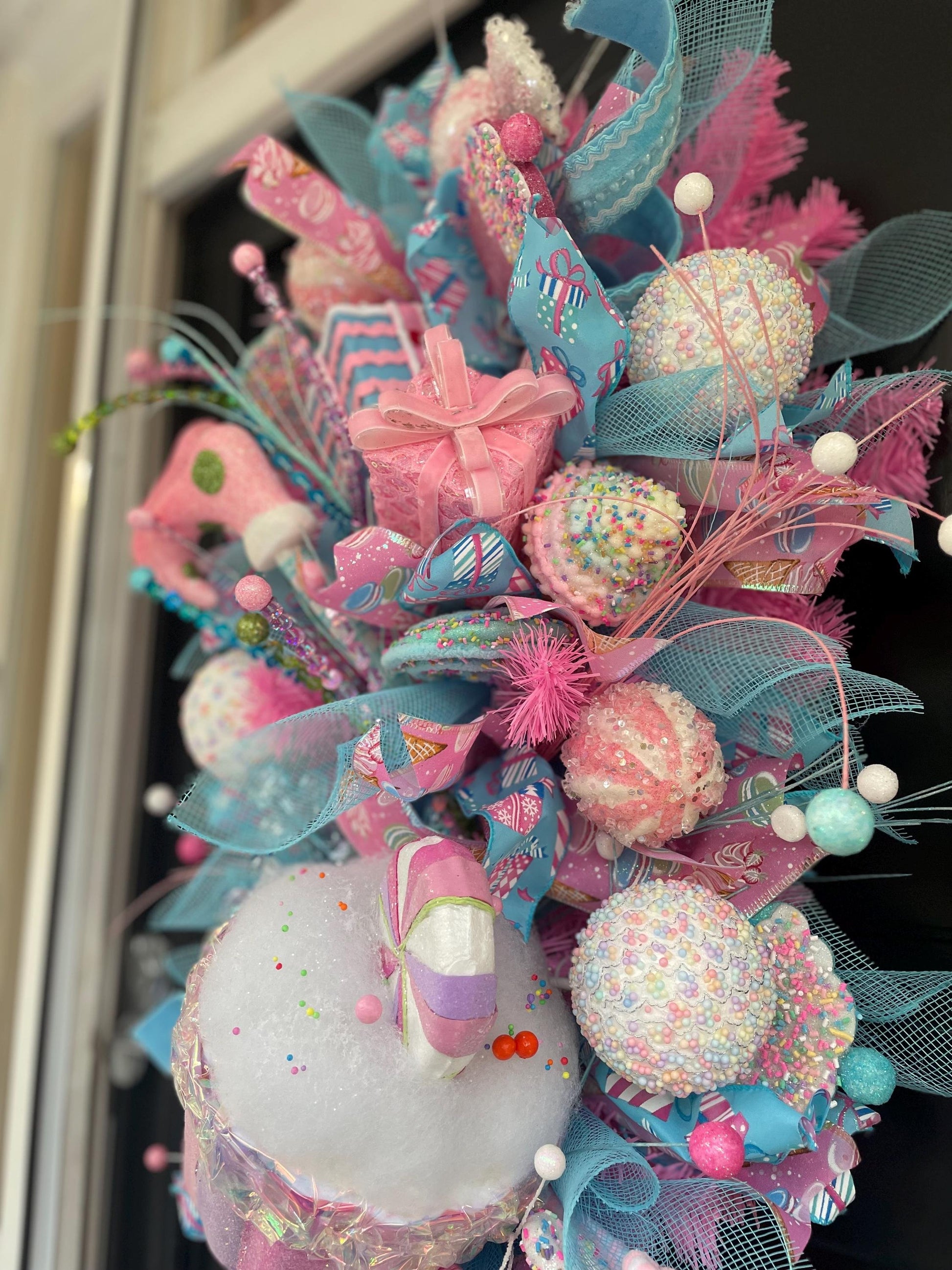 XL Candy Shop Luxury Teardrop Christmas Front Door Wreath Sweet Cake Pink Blue Home Decoration Xmas Winter Mantle Decor Holiday Advent Swag - Hats By Cressida