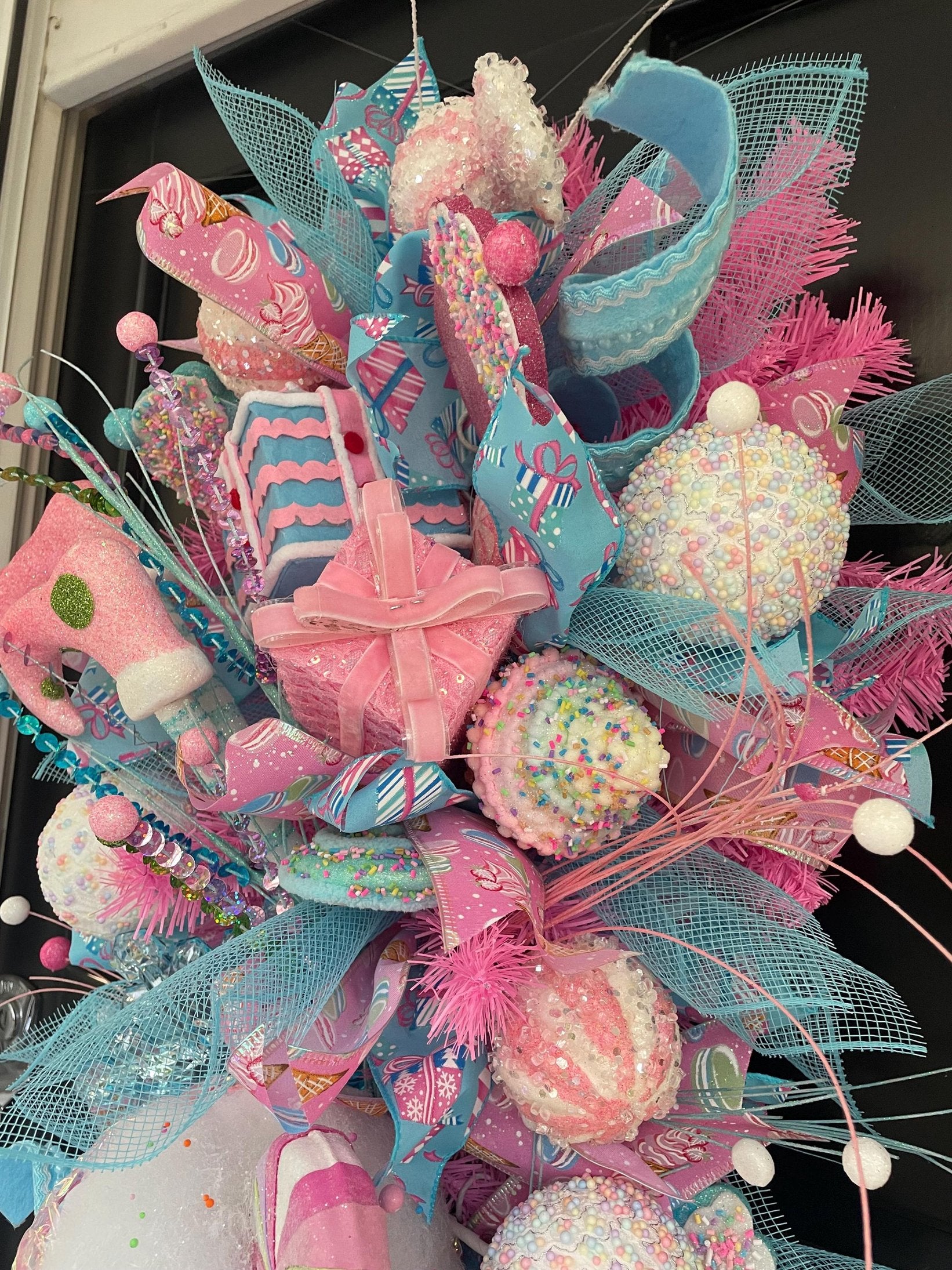 XL Candy Shop Luxury Teardrop Christmas Front Door Wreath Sweet Cake Pink Blue Home Decoration Xmas Winter Mantle Decor Holiday Advent Swag - Hats By Cressida