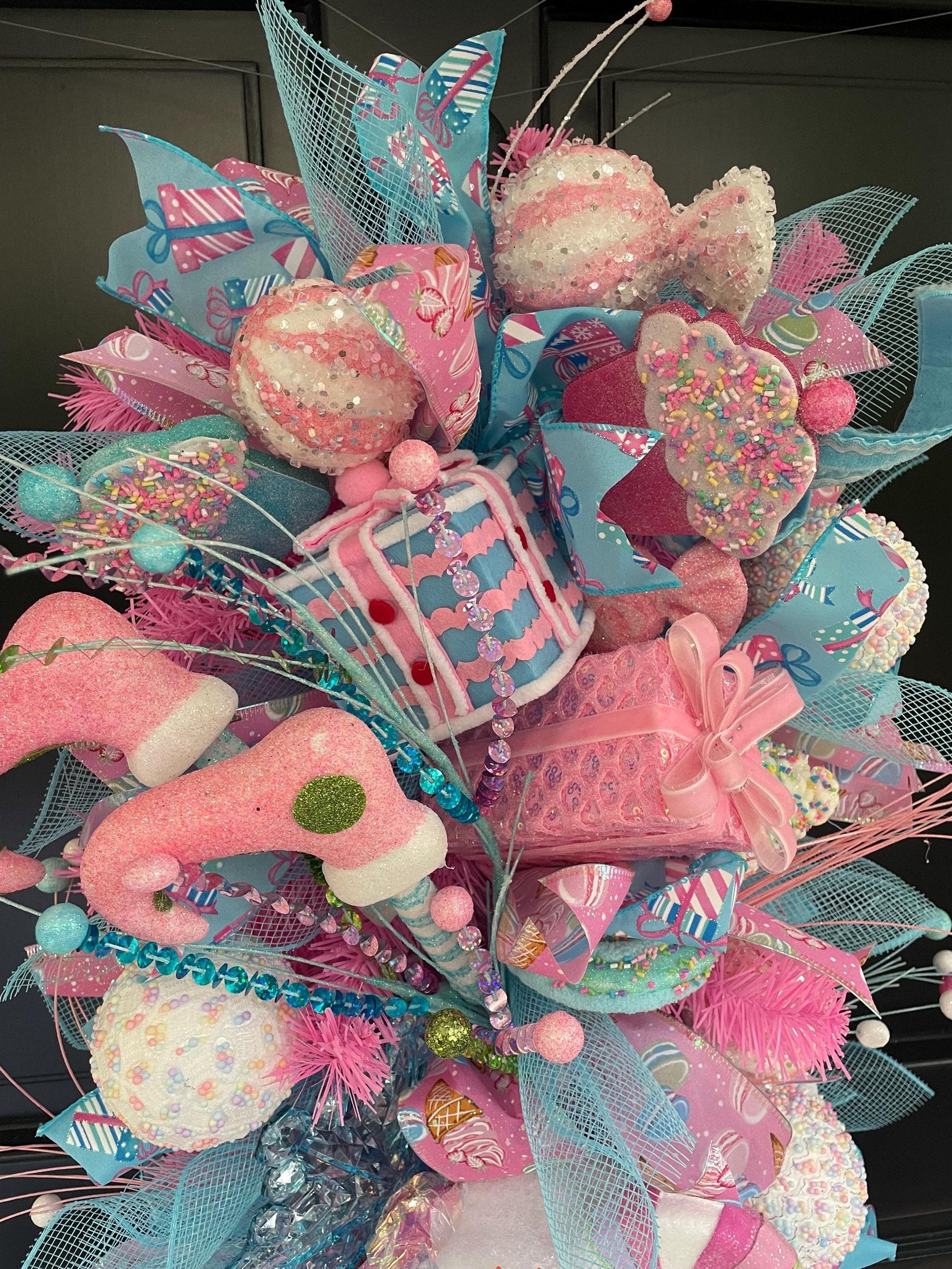 XL Candy Shop Luxury Teardrop Christmas Front Door Wreath Sweet Cake Pink Blue Home Decoration Xmas Winter Mantle Decor Holiday Advent Swag - Hats By Cressida